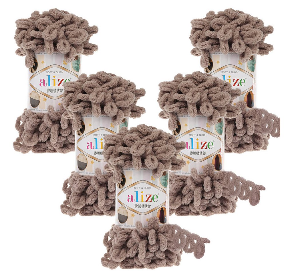 Alize 5 x ALIZE Puffy 530 Beige Häkelwolle, 9 m (Wolle), Babywolle Chenillegarn Handstrickgarn Fingerhäkeln Amigurumi