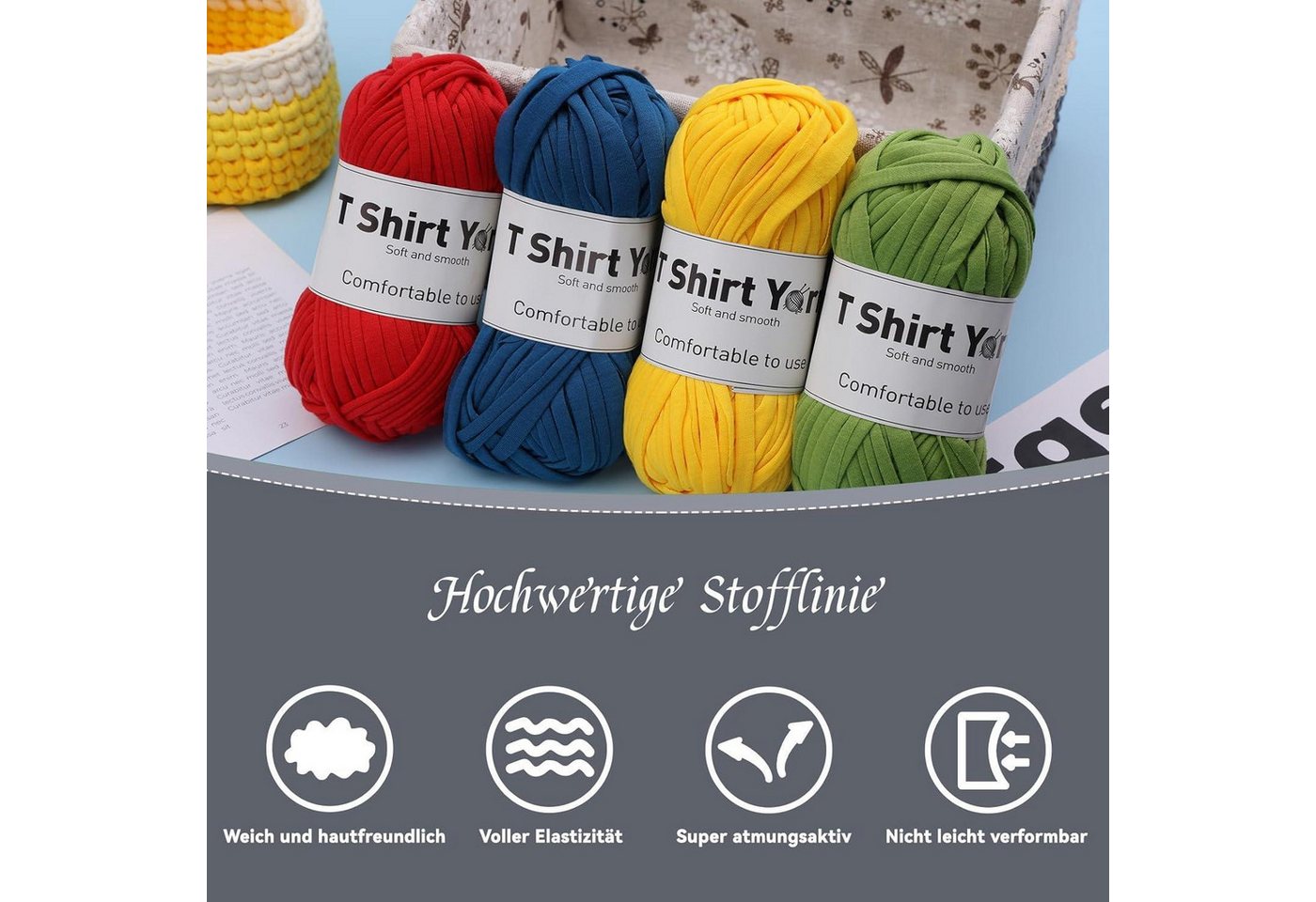 LuxusKollektion Häkelnadeln 4er-Pack 100g T-Shirt-Garn-Set Baumwollgarn Häkelgarn-Set, weiches Bild 3