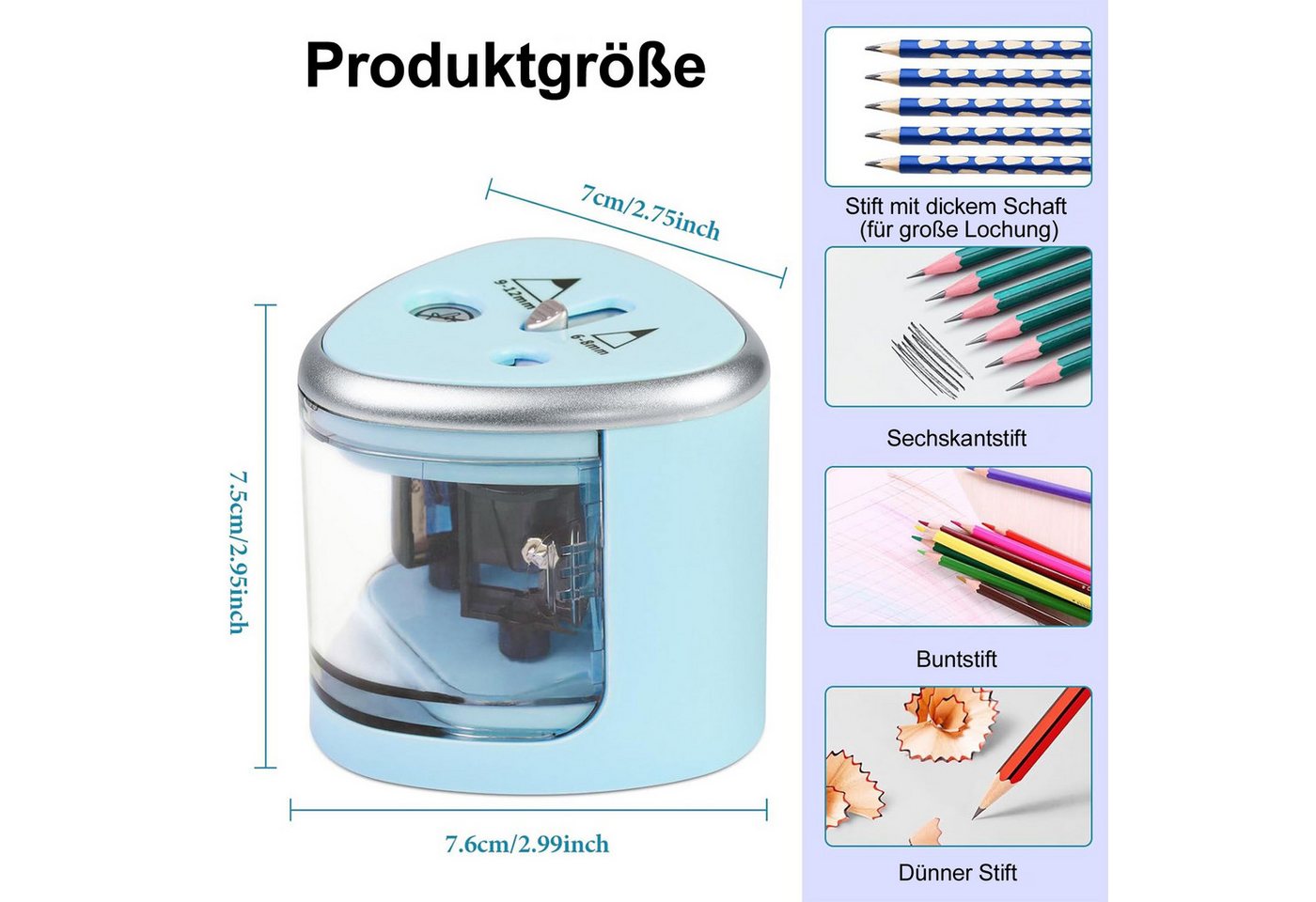 Senmudi Anspitzer Anspitzer Doppelspitzer, Doppelloch-Batteriespitzer für 6-12mm, No.2/Buntstifte,schnellen Anspitzen,geeignet für Schule Klassenzimmer Bild 4