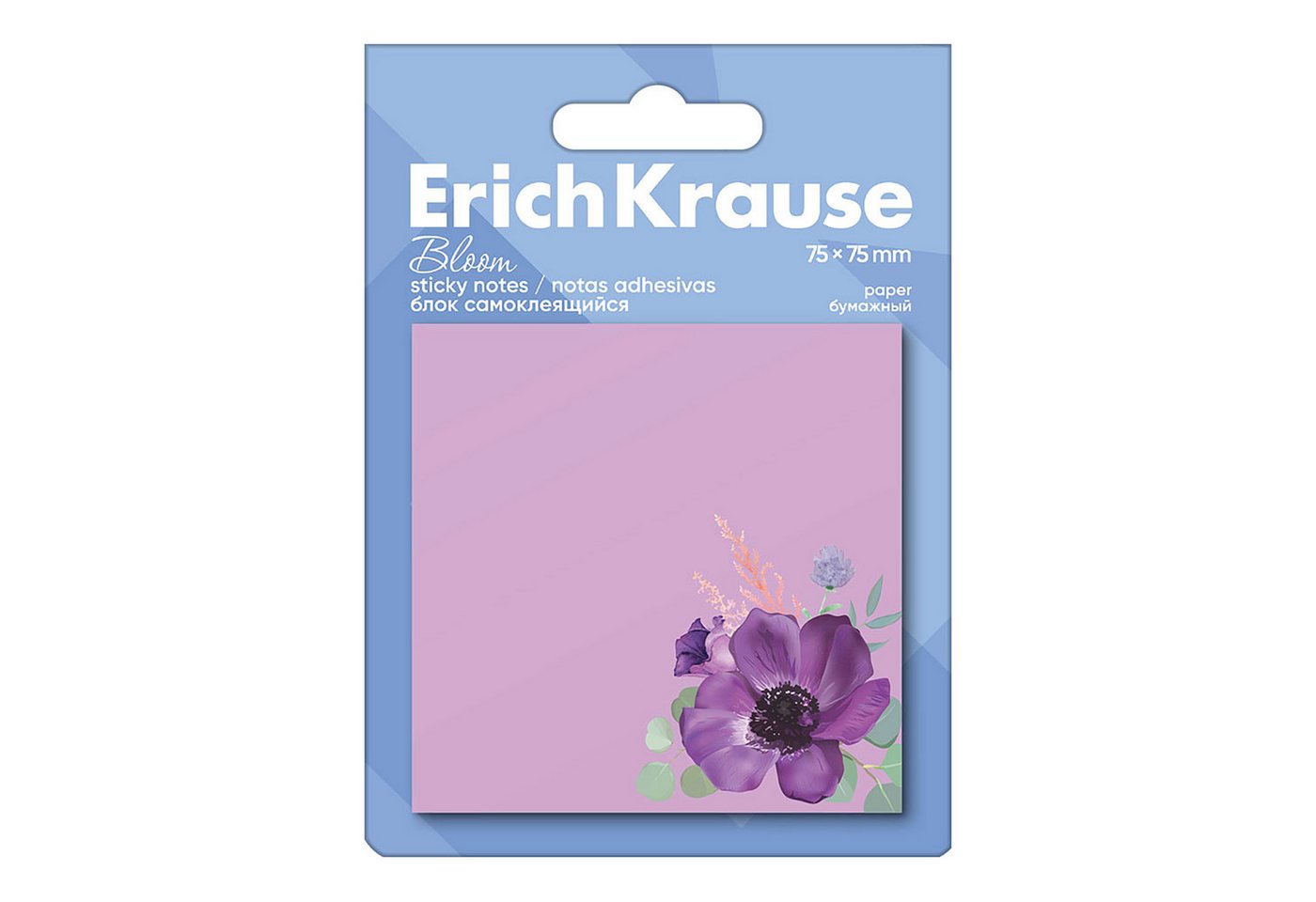 Erich Krause Haftnotizblock, Haftnotizen 75x75mm Blumenmotiv selbstklebend 50 Blatt Pastell Lila