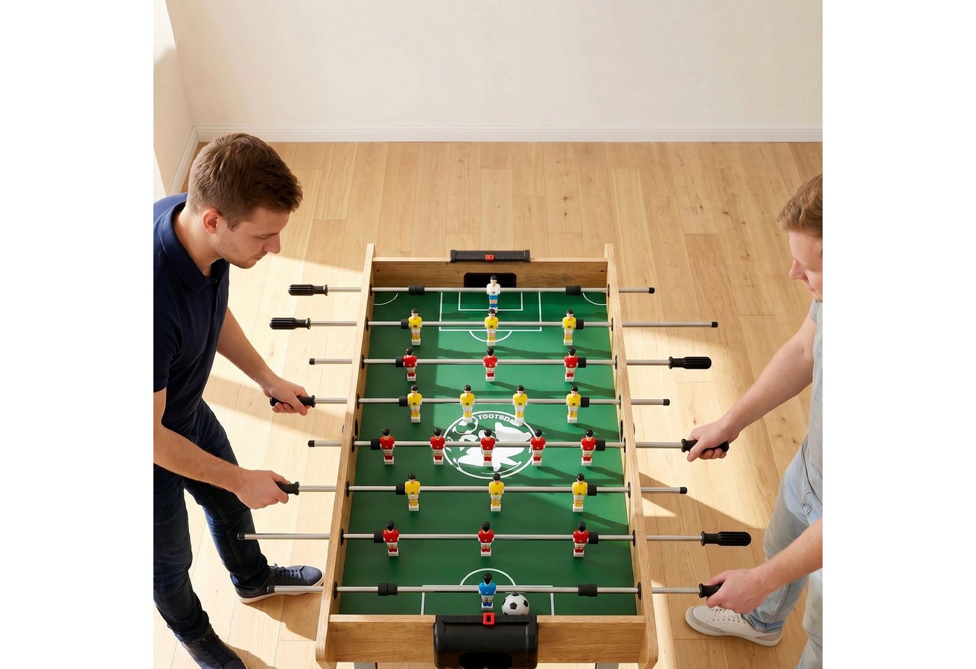 SPORTNOW Kickertisch Tischkicker inkl 22 Kicker 2 Bälle Rutschfest Griffe Punktezähler (Tischfußball, 3-tlg., für Kinder & Erwachsene), 121x87x77cm Naturholz