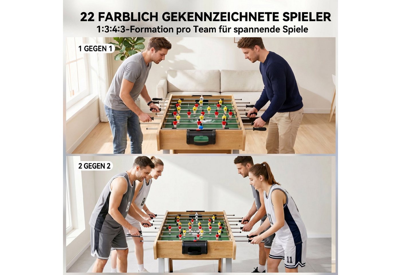 SPORTNOW Kickertisch Tischkicker inkl 22 Kicker 2 Bälle Rutschfest Griffe Punktezähler (Tischfußball, 3-tlg., für Kinder & Erwachsene), 121x87x77cm Naturholz Bild 5