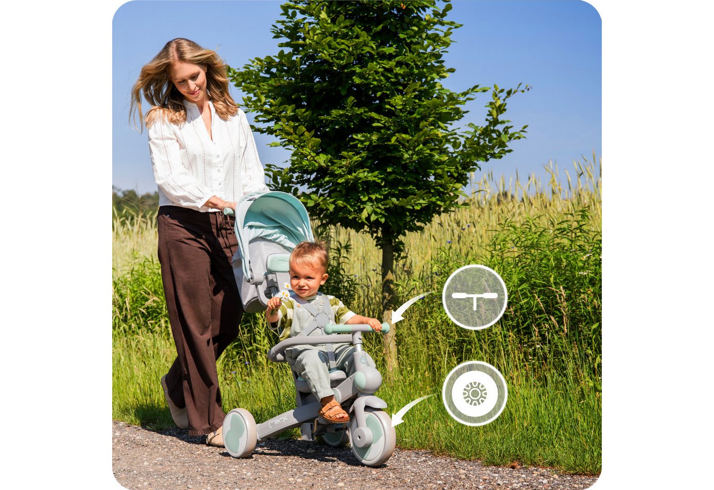 MoMi Laufrad Solivia 8, 7 Zoll, 4in1 Dreirad mit Schiebestange, klappbar, Freilauf & Verdeck Bild 3