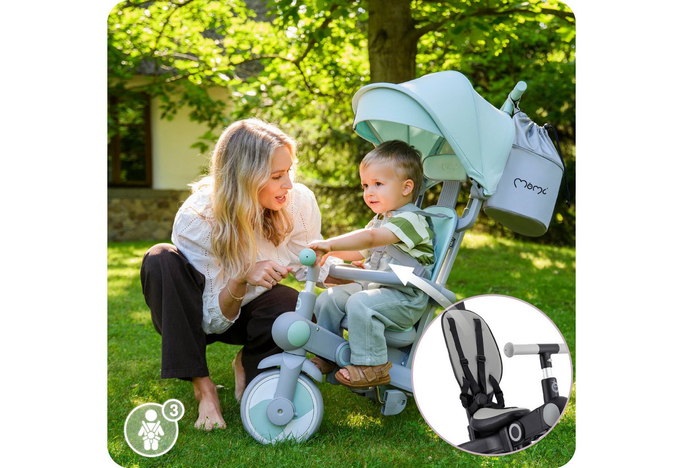 MoMi Laufrad Solivia 8, 7 Zoll, 4in1 Dreirad mit Schiebestange, klappbar, Freilauf & Verdeck Bild 4