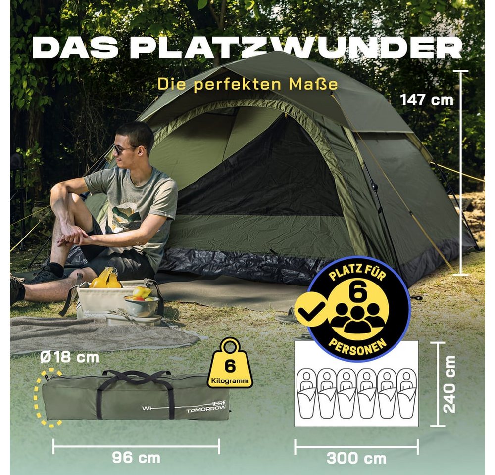 Lumaland Wurfzelt Pop Up Zelt für 6 Personen, Wurfzelt mit 10 Sek. Quick-Up Aufbau, (19 tlg), Wetterfestes Camping Zelt Regen, Schnee, Wind, Sand, Moskitonetz Bild 4