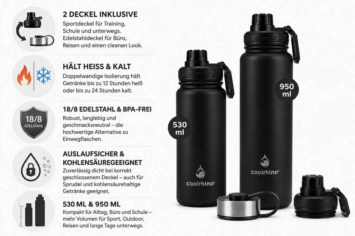 coolrhino Isolierflasche rhinoTherm Edelstahl Trinkflasche 530 ml / 950 ml, Kohlensäure geeignet, BPA-frei Thermosflasche doppelwandig Bild 2