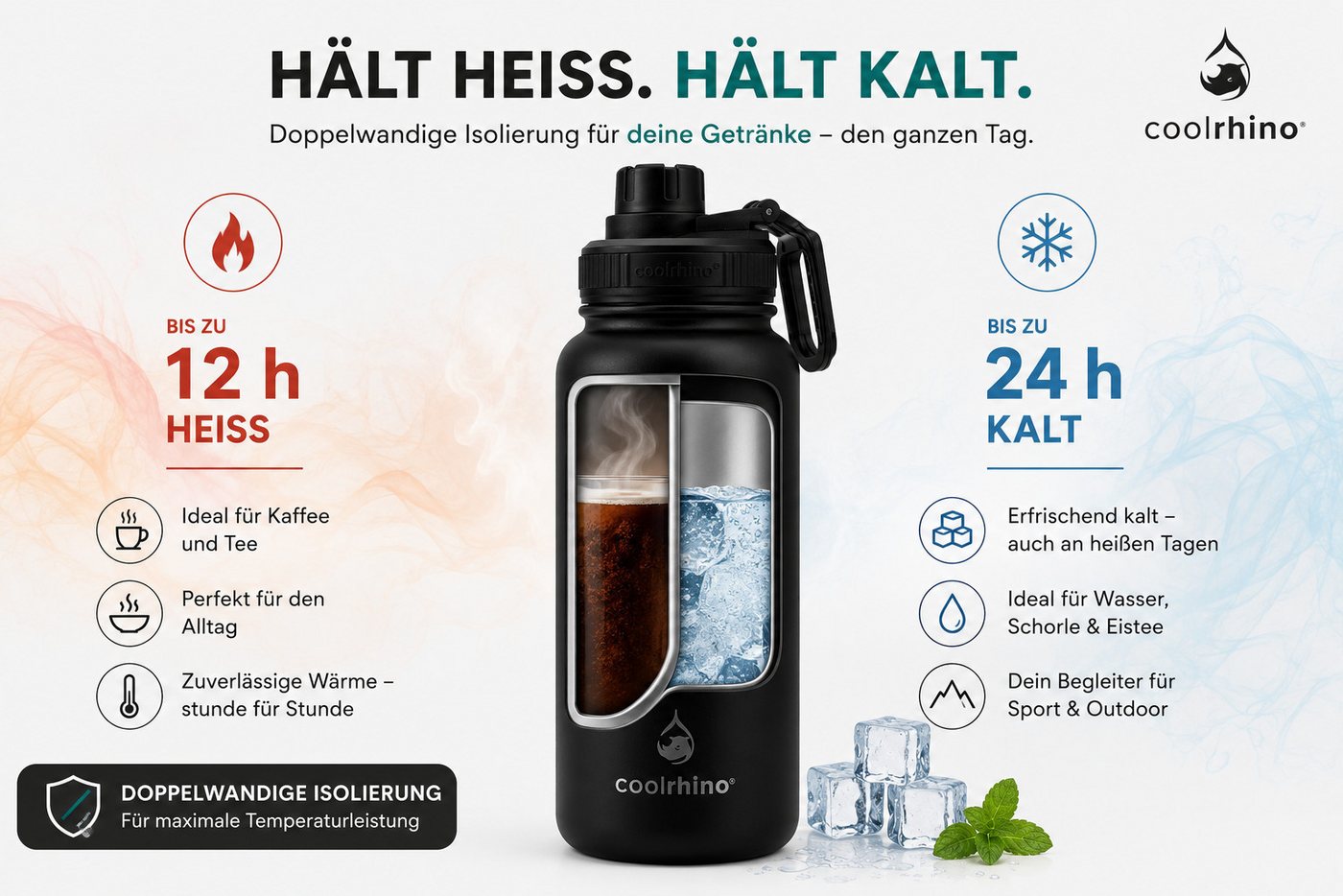 coolrhino Isolierflasche rhinoTherm Edelstahl Trinkflasche 530 ml / 950 ml, Kohlensäure geeignet, BPA-frei Thermosflasche doppelwandig Bild 3