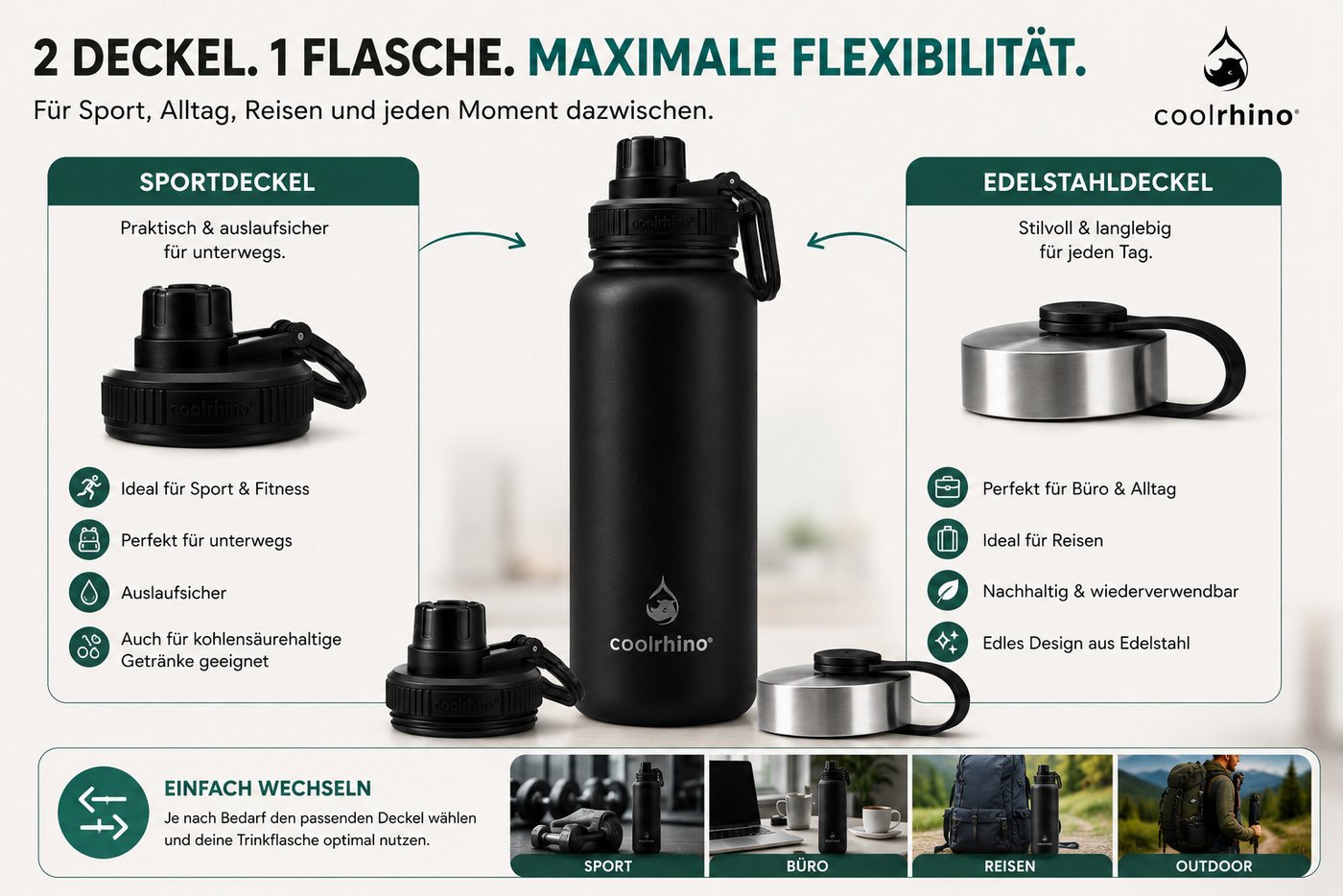 coolrhino Isolierflasche rhinoTherm Edelstahl Trinkflasche 530 ml / 950 ml, Kohlensäure geeignet, BPA-frei Thermosflasche doppelwandig Bild 4