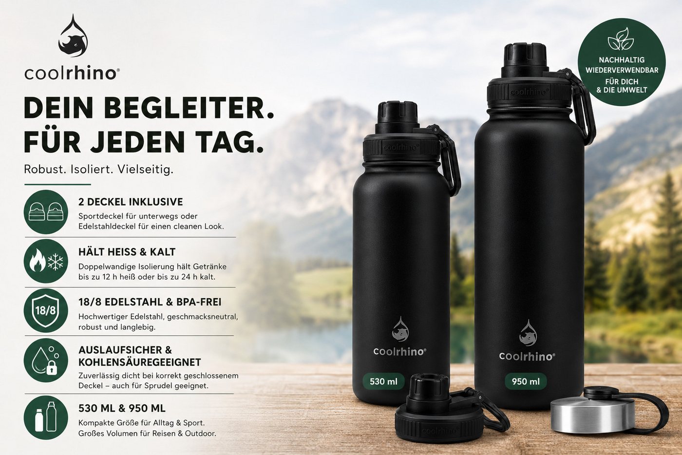 coolrhino Isolierflasche rhinoTherm Edelstahl Trinkflasche 530 ml / 950 ml, Kohlensäure geeignet, BPA-frei Thermosflasche doppelwandig Bild 5