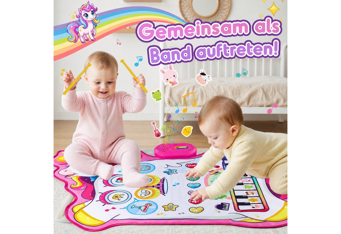 Wootoy Spielmatte Musikspielmatte Lernspielzeug Elektronische Klaviermatte Hüpfmatte (68 × 96 cm faltbar und leicht zu transportieren, 1-St., Schlagzeugseite mit 3 Soundmodi 8 Demo-Rhythmen 5 Drumklängen), mit Klavier Schlagzeug Tiergeräuschen 2 Drumsticks