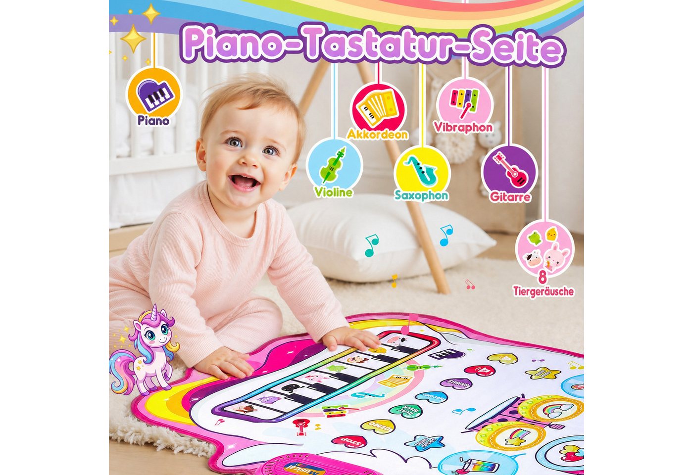 Wootoy Spielmatte Musikspielmatte Lernspielzeug Elektronische Klaviermatte Hüpfmatte (68 × 96 cm faltbar und leicht zu transportieren, 1-St., Schlagzeugseite mit 3 Soundmodi 8 Demo-Rhythmen 5 Drumklängen), mit Klavier Schlagzeug Tiergeräuschen 2 Drumsticks Bild 2
