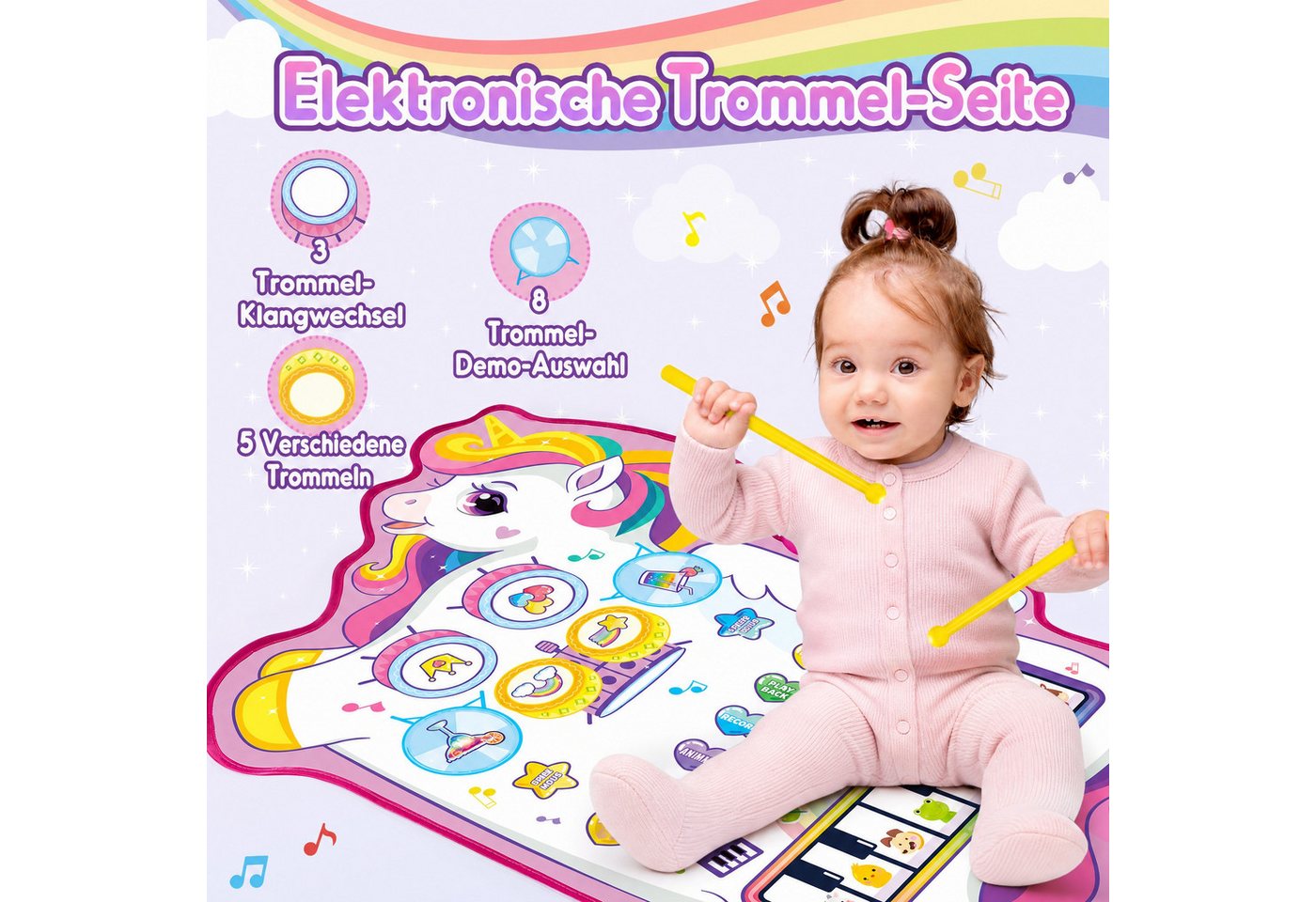 Wootoy Spielmatte Musikspielmatte Lernspielzeug Elektronische Klaviermatte Hüpfmatte (68 × 96 cm faltbar und leicht zu transportieren, 1-St., Schlagzeugseite mit 3 Soundmodi 8 Demo-Rhythmen 5 Drumklängen), mit Klavier Schlagzeug Tiergeräuschen 2 Drumsticks Bild 4