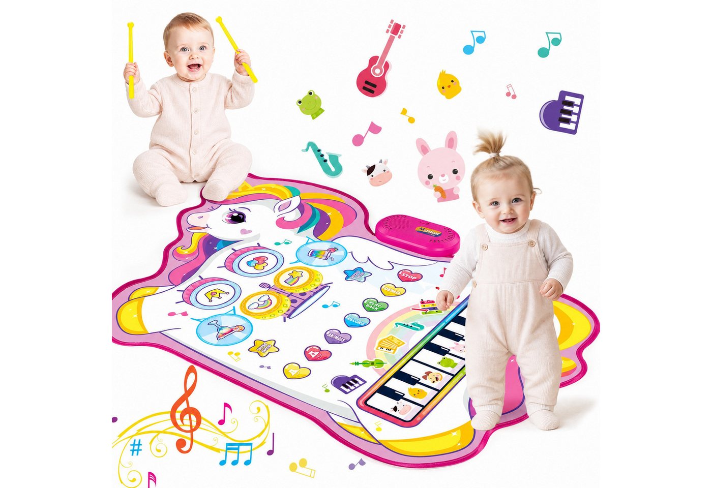Wootoy Spielmatte Musikspielmatte Lernspielzeug Elektronische Klaviermatte Hüpfmatte (68 × 96 cm faltbar und leicht zu transportieren, 1-St., Schlagzeugseite mit 3 Soundmodi 8 Demo-Rhythmen 5 Drumklängen), mit Klavier Schlagzeug Tiergeräuschen 2 Drumsticks Bild 5