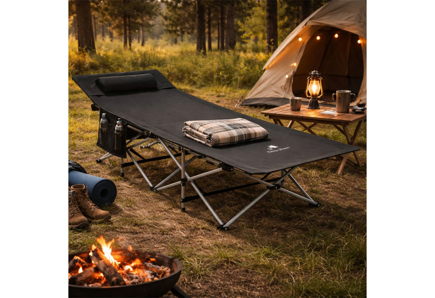 CampFeuer Campingliege Campingbett mit Kopfkissen, Schwarz, bis 150 kg, 187 x 67 x 48 cm Bild 2