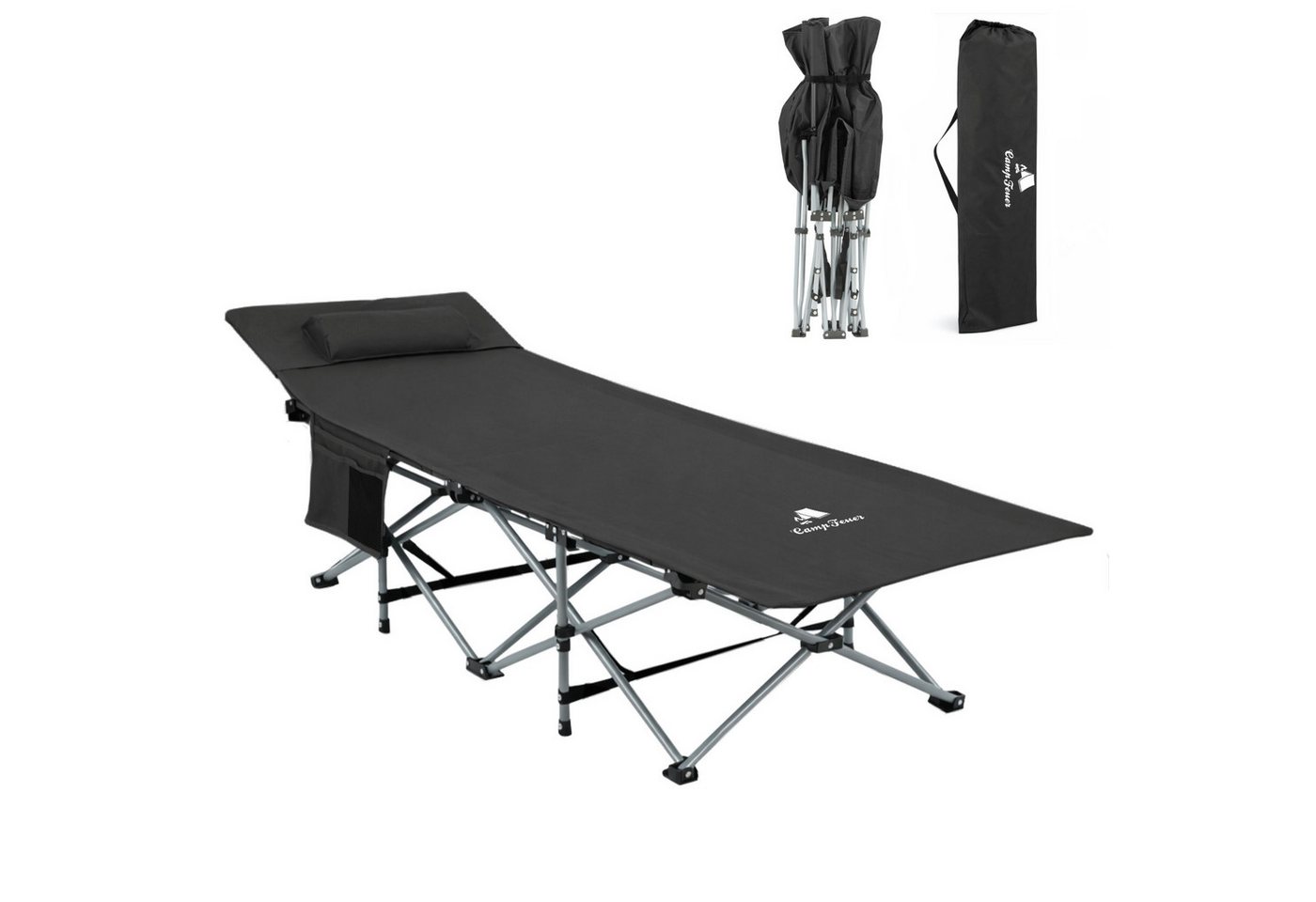 CampFeuer Campingliege Campingbett mit Kopfkissen, Schwarz, bis 150 kg, 187 x 67 x 48 cm Bild 3