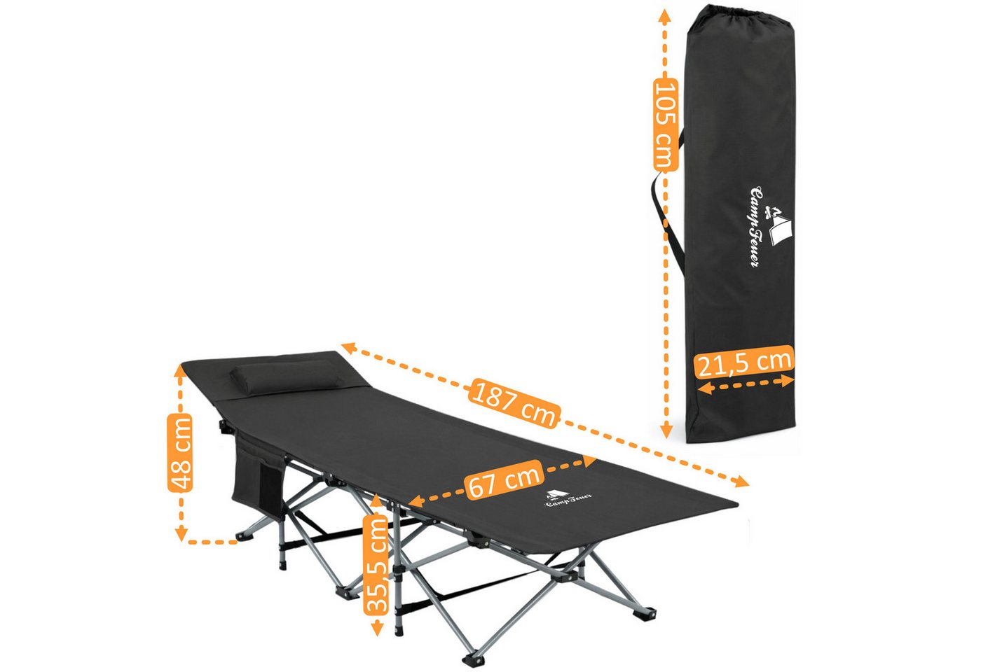 CampFeuer Campingliege Campingbett mit Kopfkissen, Schwarz, bis 150 kg, 187 x 67 x 48 cm Bild 5