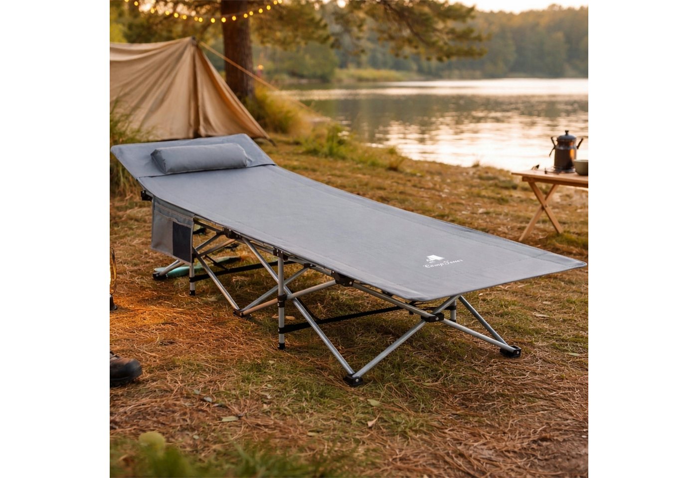 CampFeuer Campingliege Campingbett mit Kopfkissen, Anthrazit, bis 150 kg, 187 x 67 x 48 cm Hohe Belastbarkeit