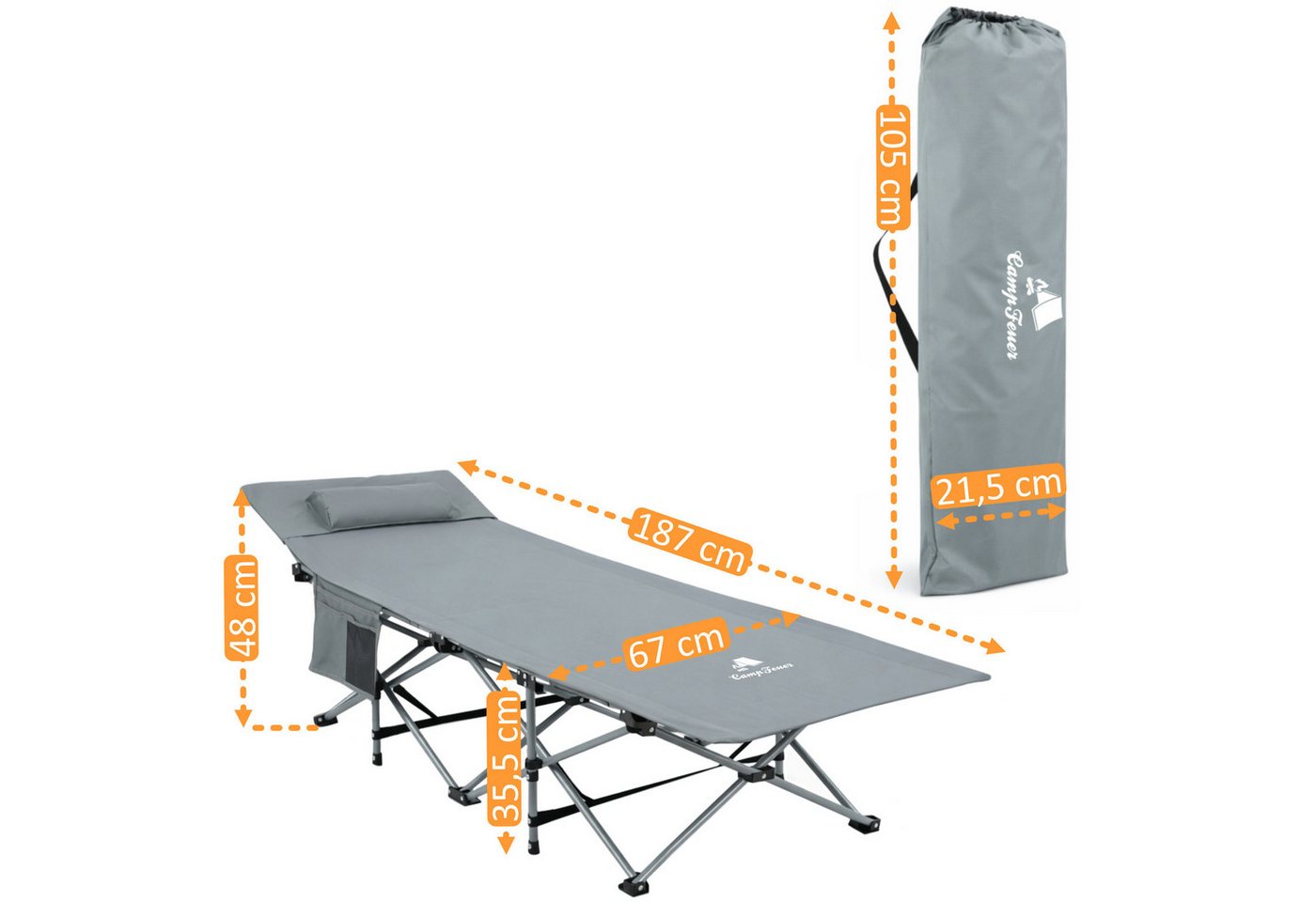 CampFeuer Campingliege Campingbett mit Kopfkissen, Anthrazit, bis 150 kg, 187 x 67 x 48 cm Hohe Belastbarkeit Bild 4
