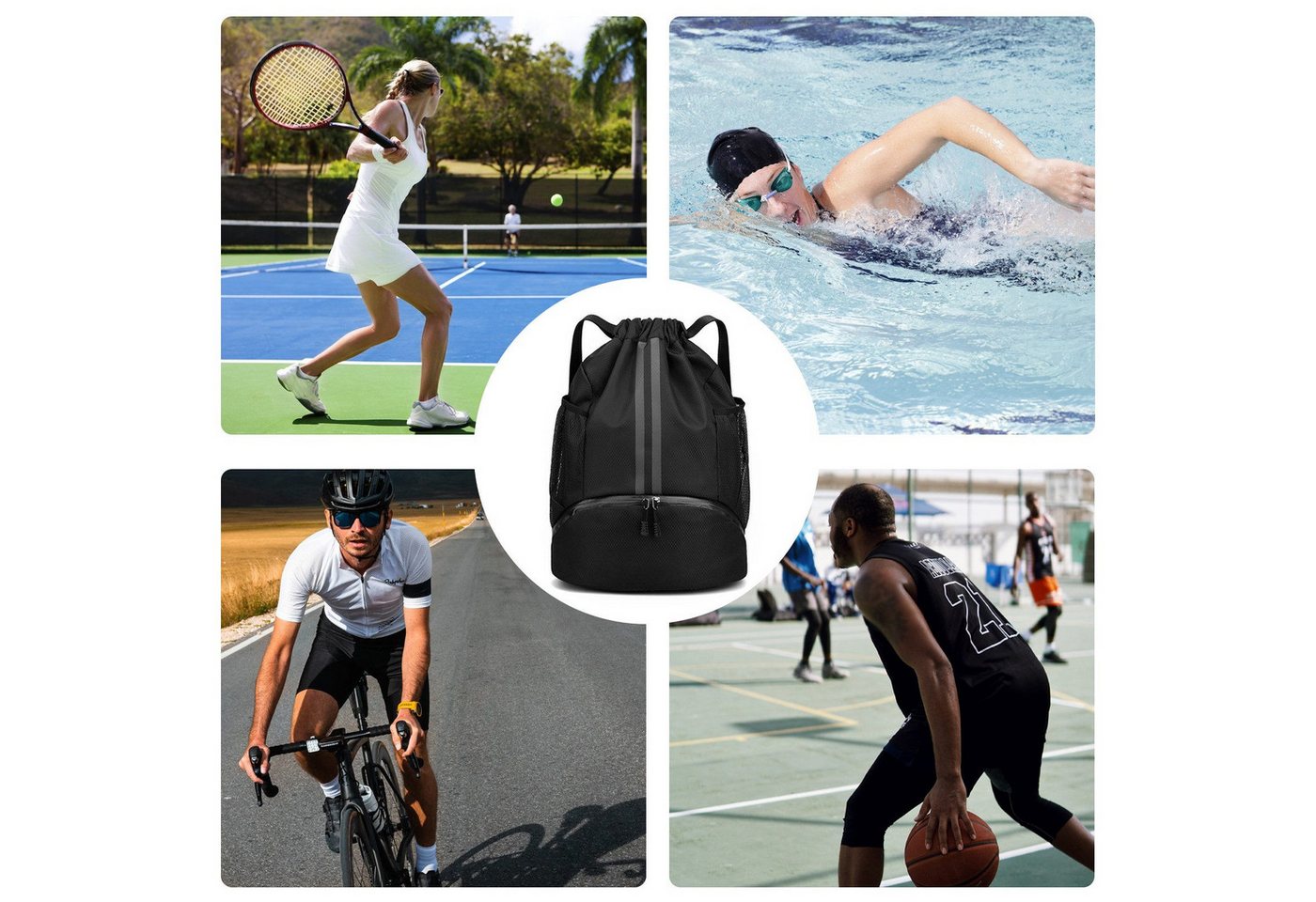REDOM Rucksack Kordelzug Sporttasche Fitnessrucksack (Multifunktionaler Sportbeutel, 1-tlg., mit separatem Schuhfach, wasserdichtem Nassfach), Anti-Diebstahl Tasche für Outdoor Uni Arbeit Training Yoga