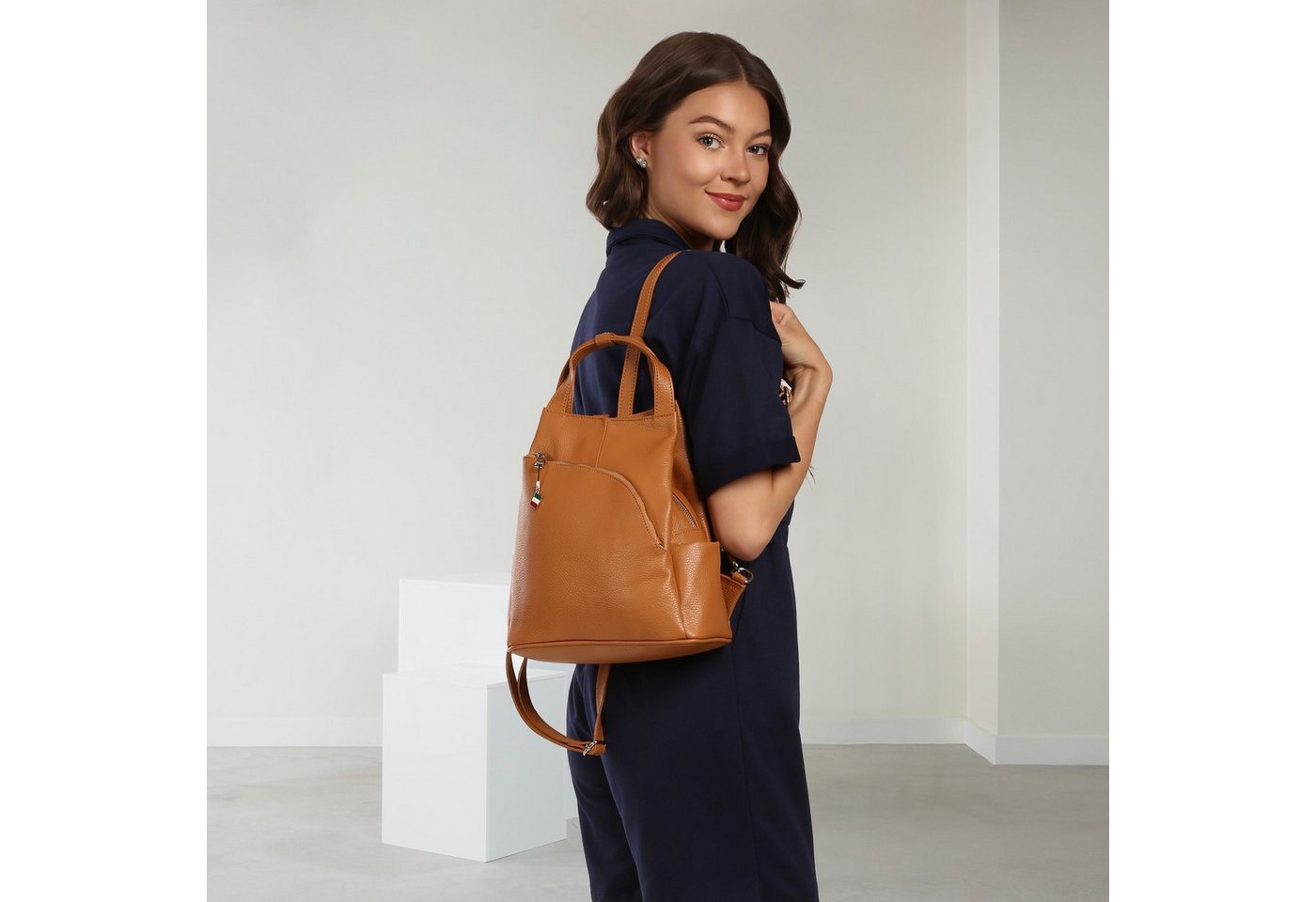 FLORENCE Cityrucksack Florence Rucksack Damen Echtleder, Damen Cityrucksack Leder, braun, tan ca. 27cm