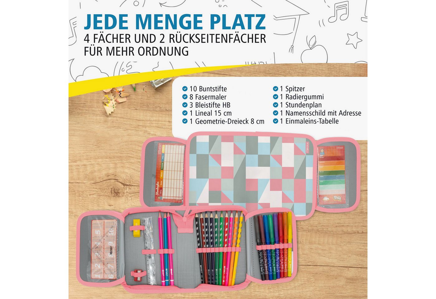 itenga Federmäppchen itenga Schüler-Etui Mäppchen Muster pastell 28 teilig (gefüllt) 1-Zipp