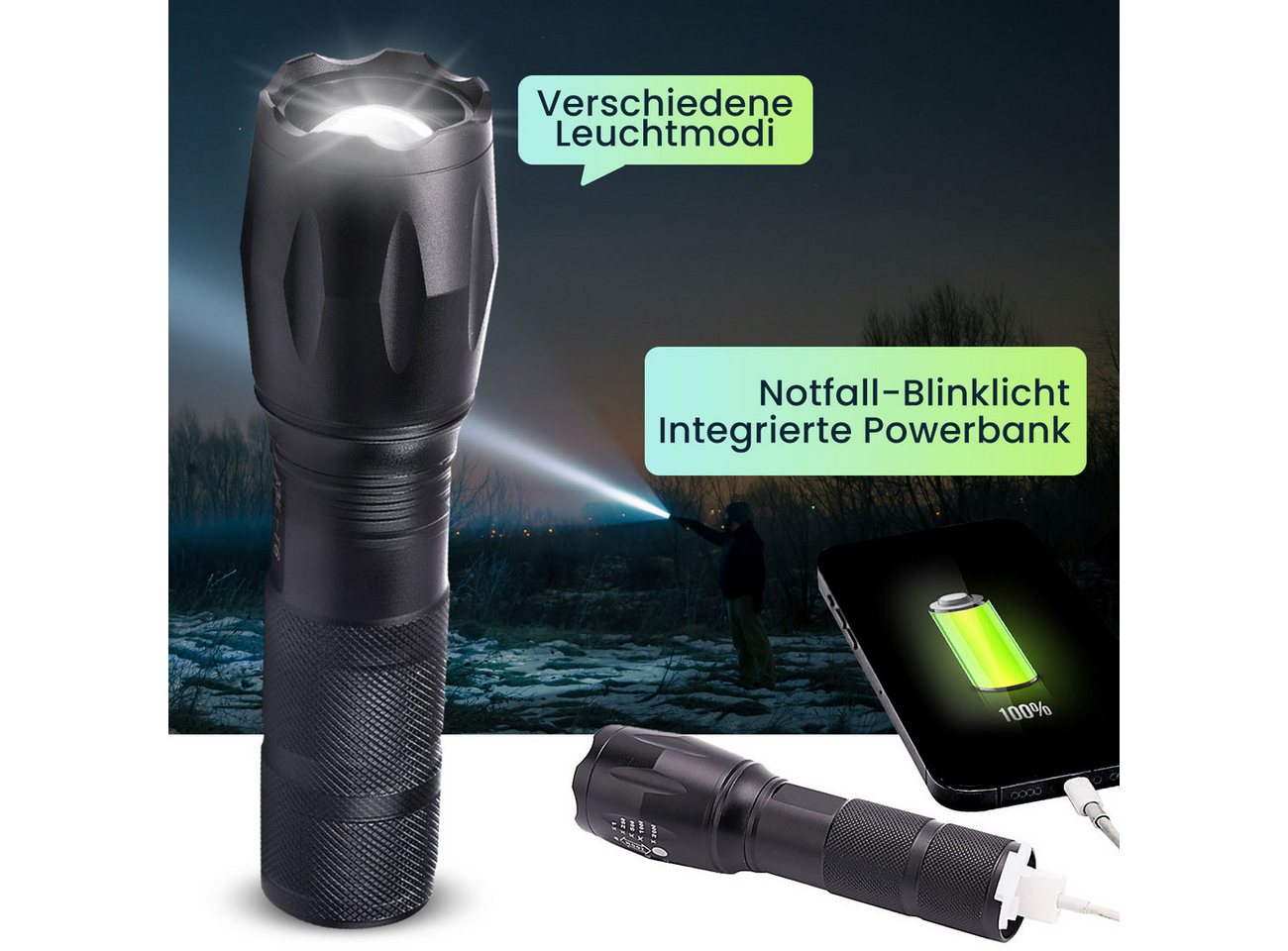 Casativo LED Taschenlampe Cree LED-Taschenlampe 260lm mit Powerbank 200m Reichweite IP44 (1-St., 1er-Set & 2er-Set), wiederaufladbar, Zoom & USB, Notfallmodi Bild 2
