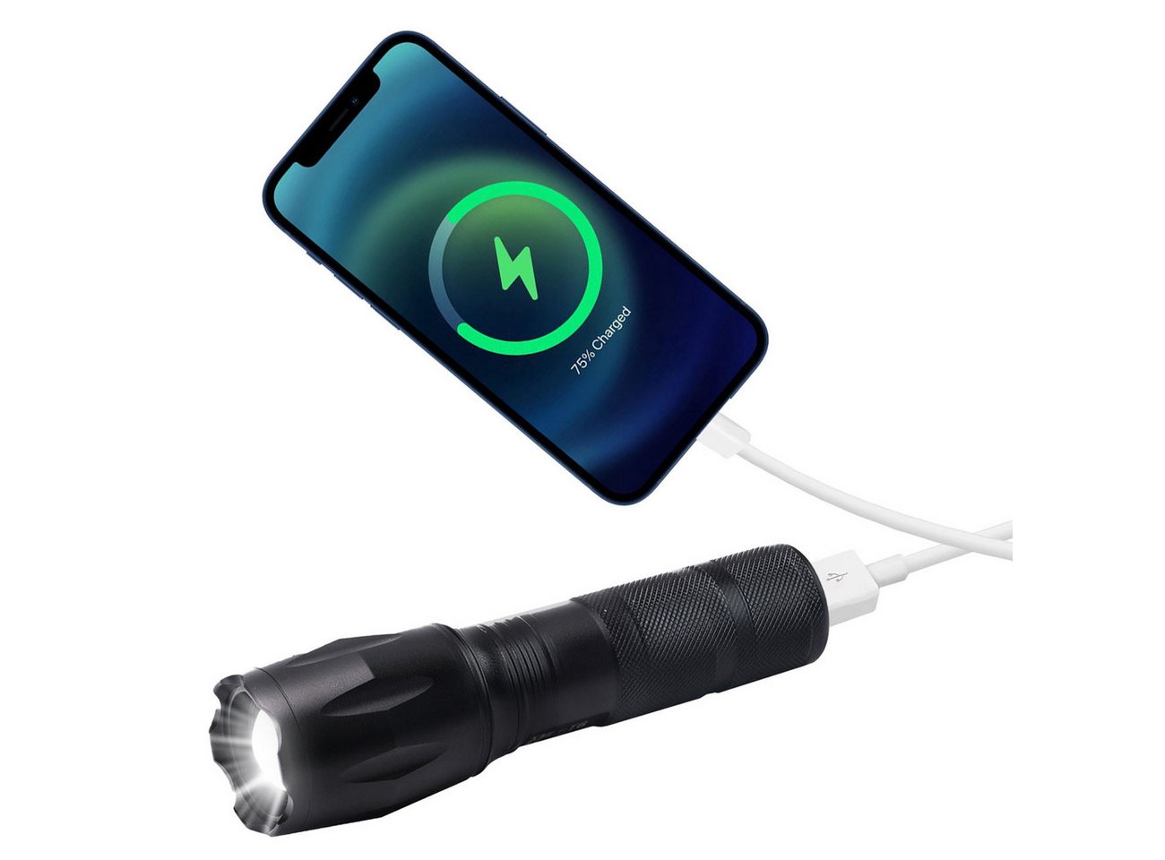 Casativo LED Taschenlampe Cree LED-Taschenlampe 260lm mit Powerbank 200m Reichweite IP44 (1-St., 1er-Set & 2er-Set), wiederaufladbar, Zoom & USB, Notfallmodi Bild 4