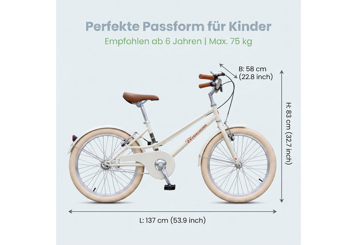 EVERCROSS TECH Kinderfahrrad EM2 20 Zoll Retro Cremeweiß für Kinder ab 6 Jahre, 1 Gang, Niedriger Einstieg, V-Bremsen, Sicher & Komfortabel für Alltag Bild 4