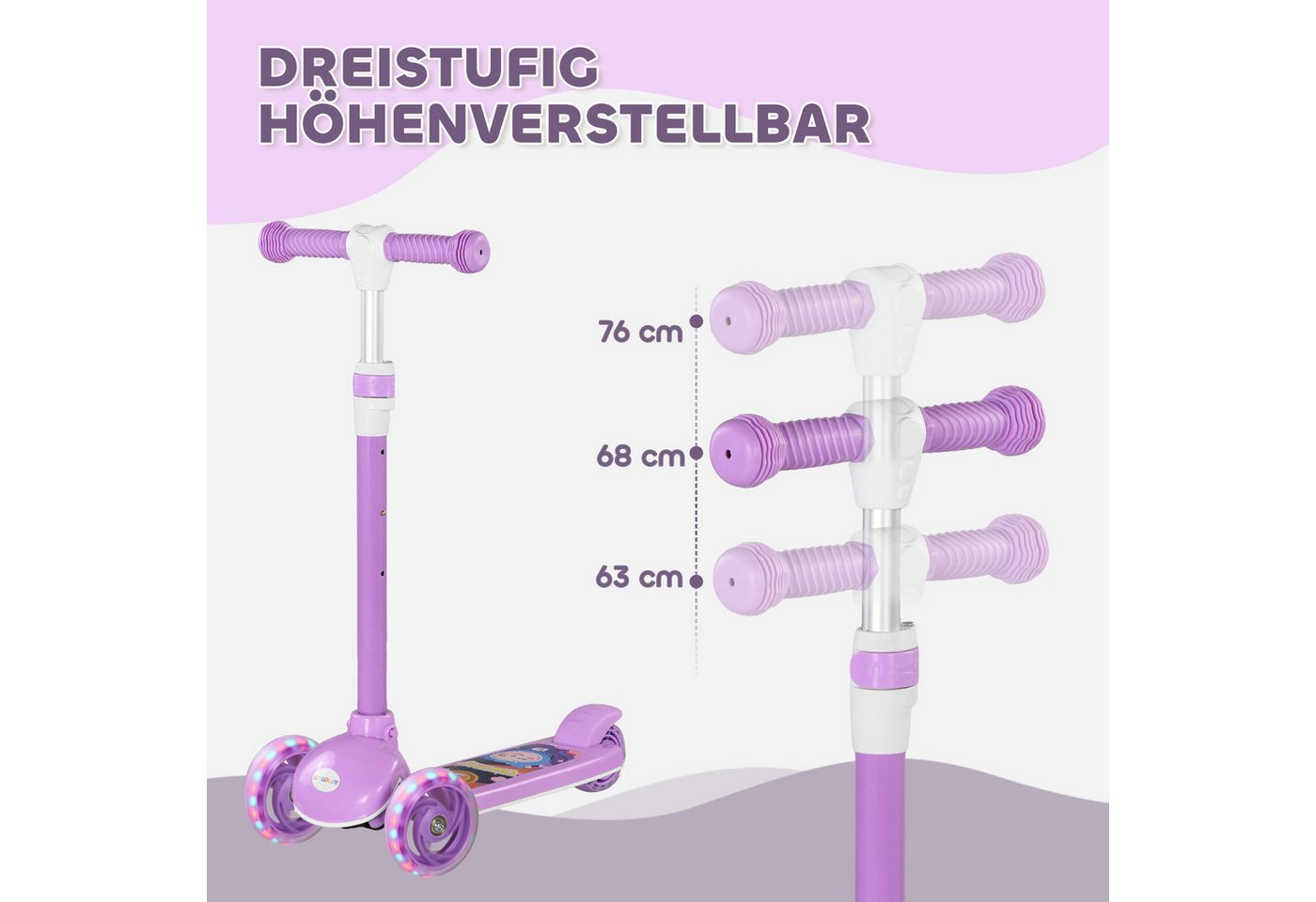 AIYAPLAY Scooter Roller Kinder Scooter mit LED Rädern 120 mm Rollen, 0 km/h, (klappbarer Kinderroller, 1 tlg., Höhenverstellbarer Tretroller), für Kinder 2-6 Jahre, Violett Bild 3