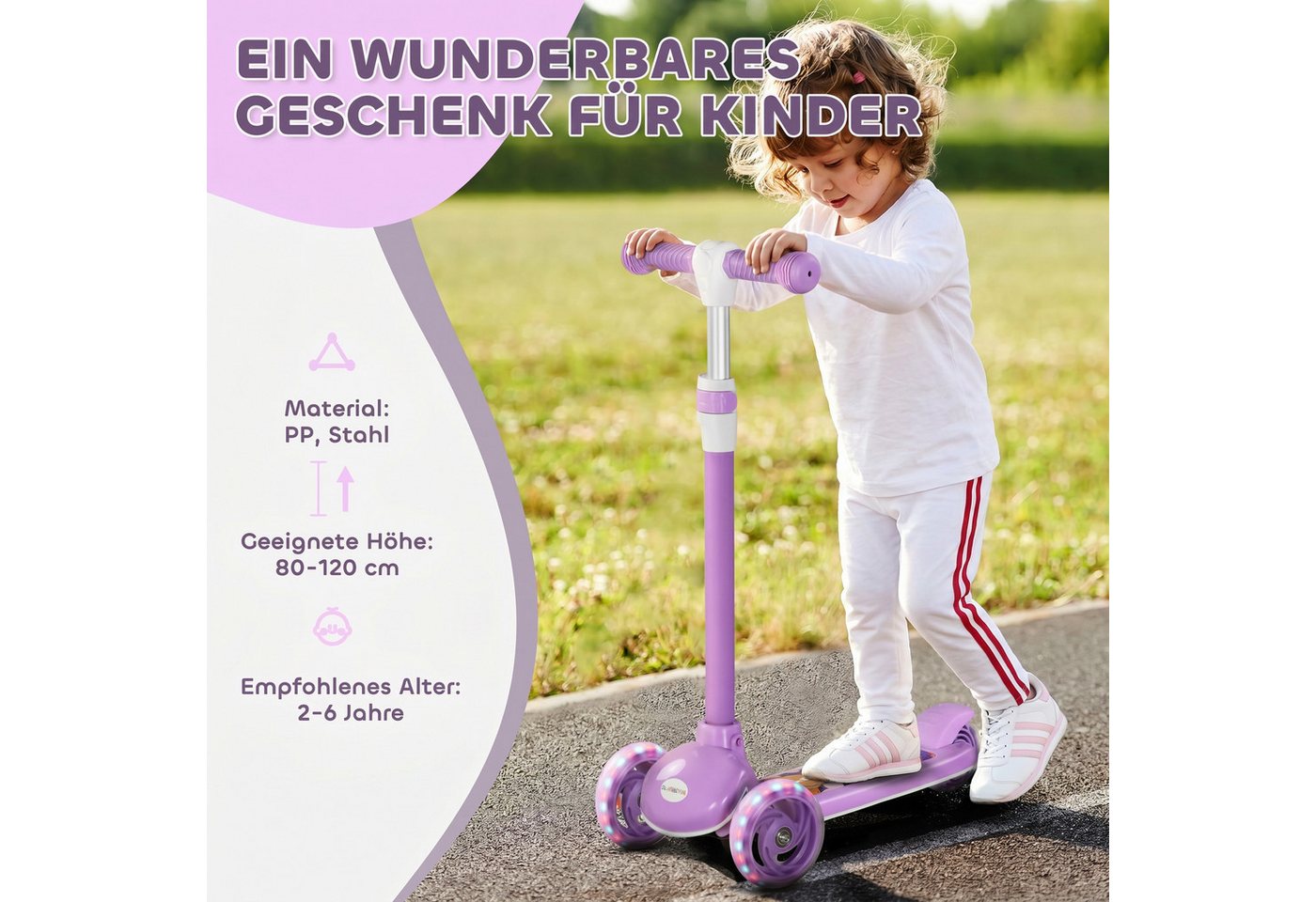 AIYAPLAY Scooter Roller Kinder Scooter mit LED Rädern 120 mm Rollen, 0 km/h, (klappbarer Kinderroller, 1 tlg., Höhenverstellbarer Tretroller), für Kinder 2-6 Jahre, Violett Bild 4