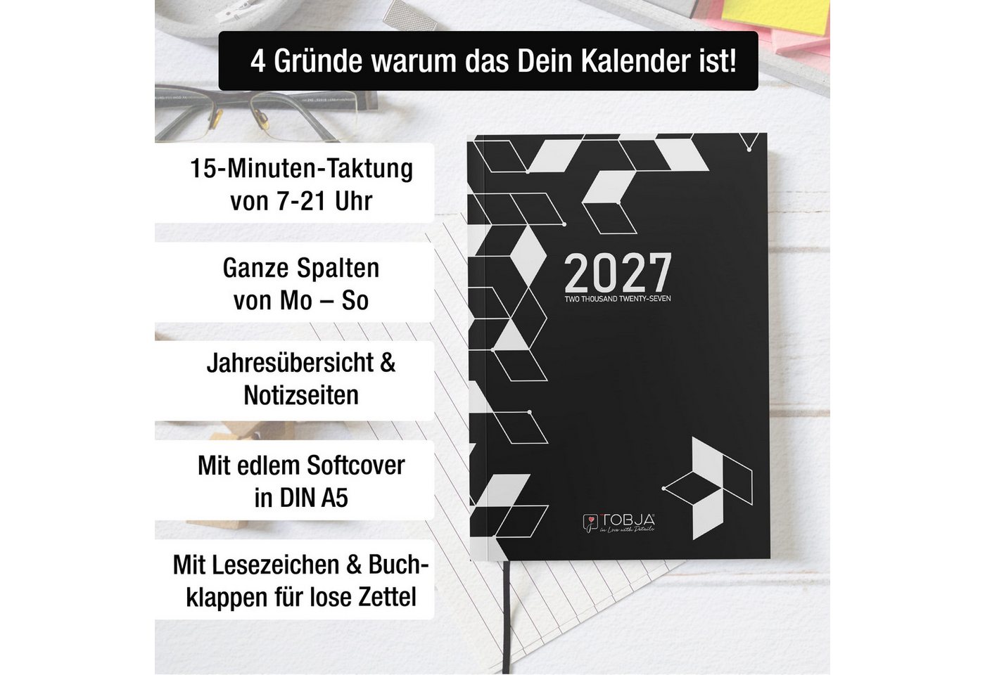 TOBJA Buchkalender Praxisplaner 2027 A5 Mono Terminplaner Friseur Salon 15 Min Takt, 15-Min-Takt 7-21 Uhr, A5, 1 Woche 2 Seiten, Mono-Design, Softcover
