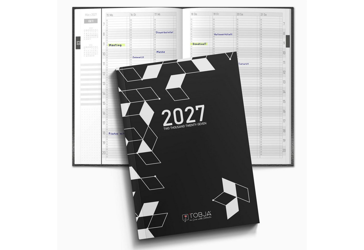 TOBJA Buchkalender Praxisplaner 2027 A5 Mono Terminplaner Friseur Salon 15 Min Takt, 15-Min-Takt 7-21 Uhr, A5, 1 Woche 2 Seiten, Mono-Design, Softcover Bild 2