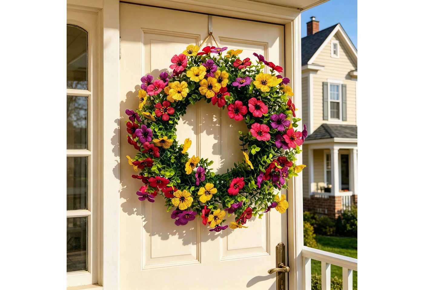 Zyronn Dekokranz 40 cm Frühlingskranz mit violetten Eukalyptusblumen, Wanddeko-Kranz, Frühlings-Türkranz, künstlicher Blumenkranz
