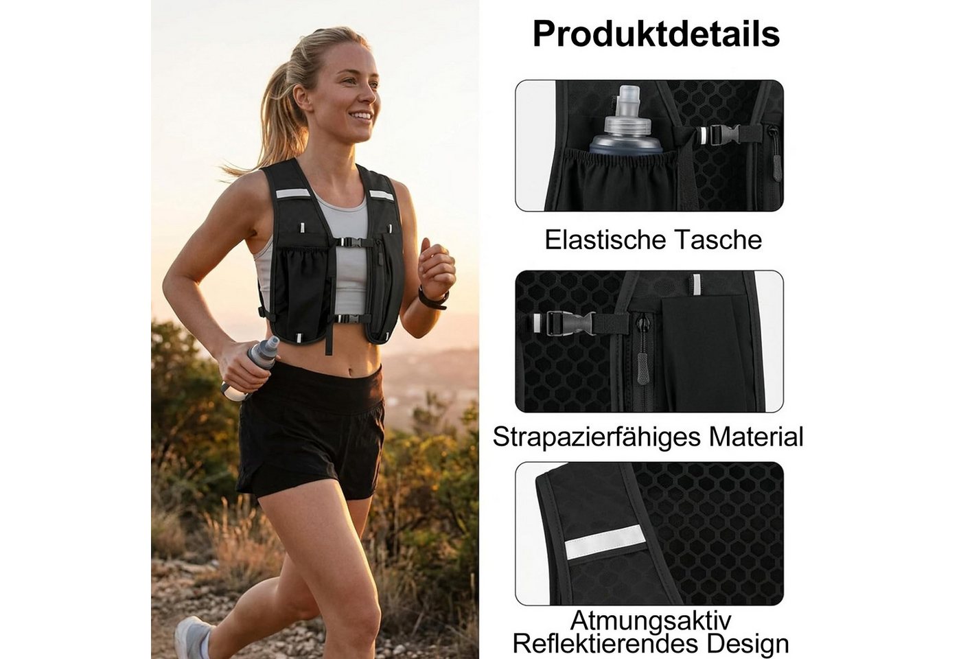 Mutig Trinkrucksack Laufweste Damen Herren, Trinkrucksack Laufrucksack für Trailrunning (Leicht Verstellbar Atmungsaktiv, Reflektierende Laufweste mit Handytasche), für Joggen, Radfahren, Marathon und Wandern Bild 4