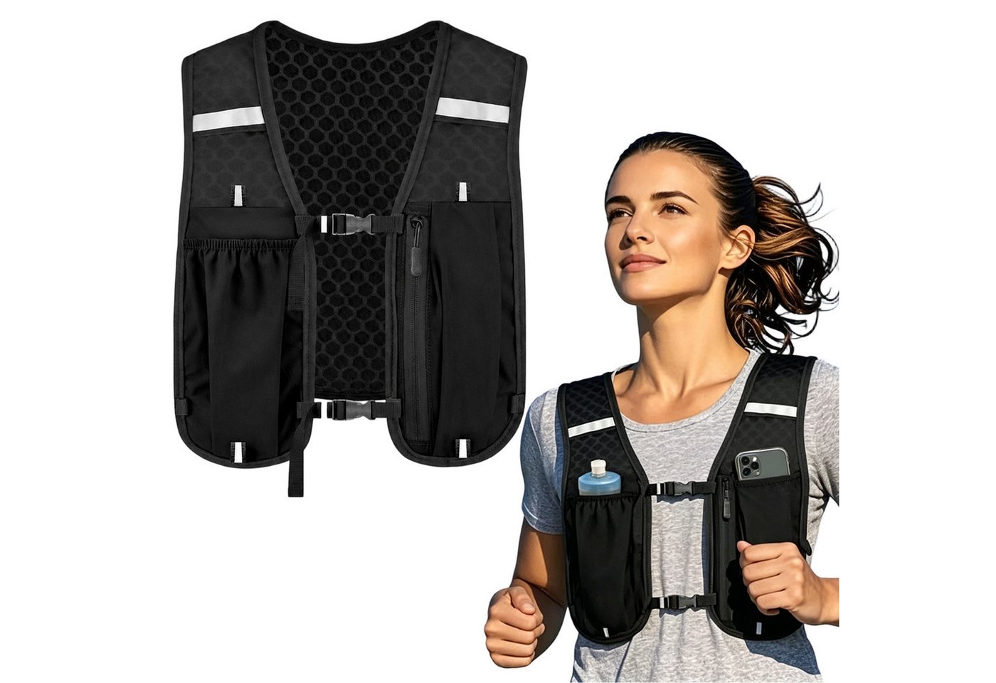 Mutig Trinkrucksack Laufweste Damen Herren, Trinkrucksack Laufrucksack für Trailrunning (Leicht Verstellbar Atmungsaktiv, Reflektierende Laufweste mit Handytasche), für Joggen, Radfahren, Marathon und Wandern Bild 5