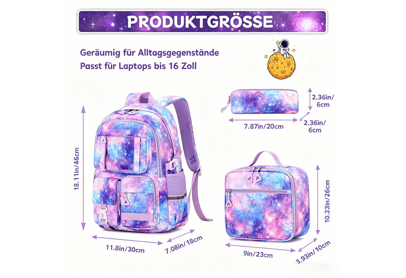MOPUEA Schulrucksack Set 3-tlg Schultasche Wasserabweisend Viele Fächer (Set, 3-tlg., Geräumiges und funktionales Design), Praktisches Set mit Federmäppchen und Lunchtasche: