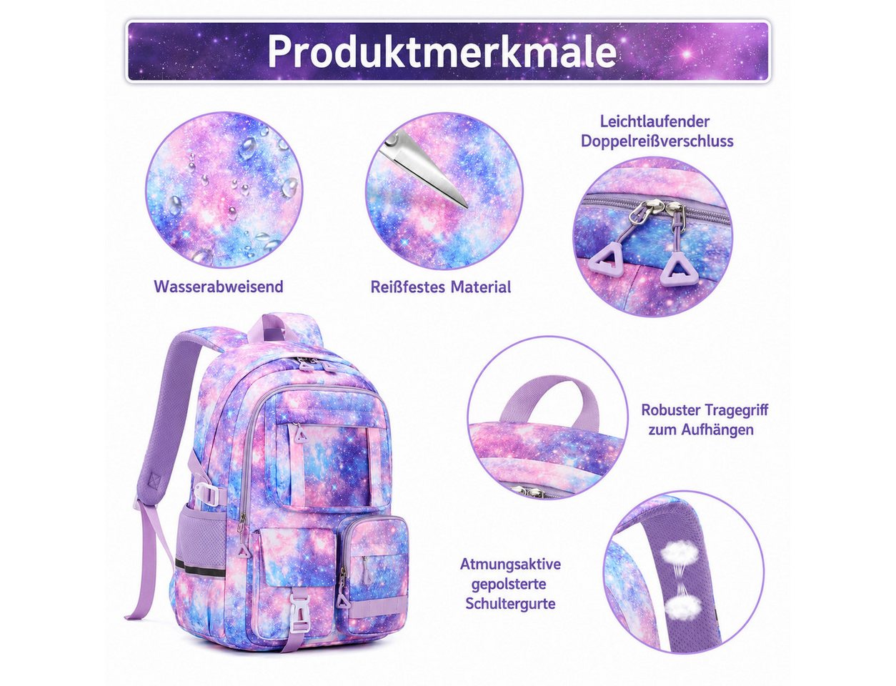 MOPUEA Schulrucksack Set 3-tlg Schultasche Wasserabweisend Viele Fächer (Set, 3-tlg., Geräumiges und funktionales Design), Praktisches Set mit Federmäppchen und Lunchtasche: Bild 2