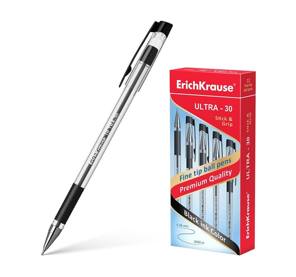 Erich Krause Kugelschreiber, Kugelschreiber Ultra-30 0,26mm mit Gummigriff 12er Pack Schwarz