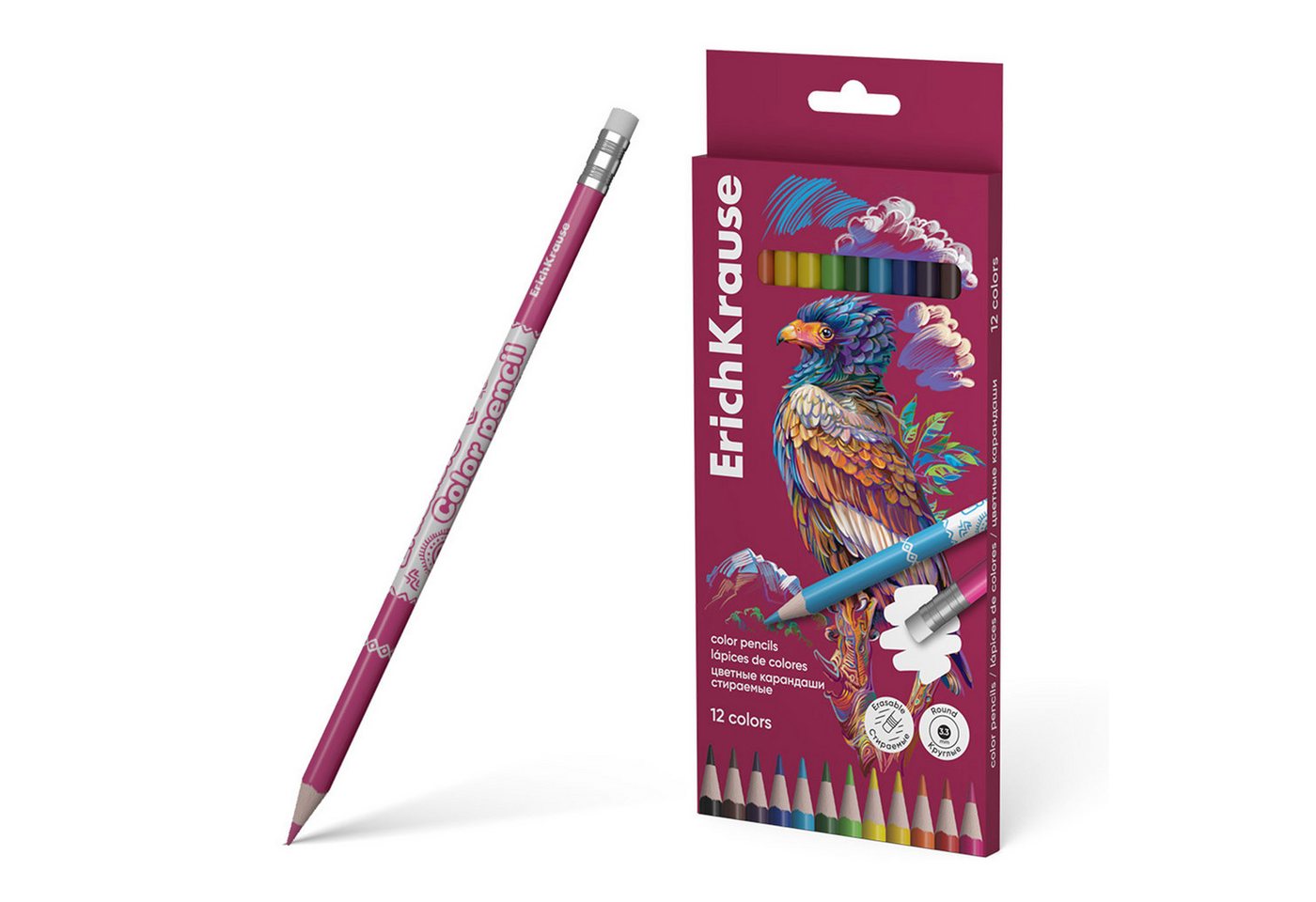 Erich Krause Bleistift, Buntstifte 12 Farben 3,3mm Holz mit Radiergummi 12er Set