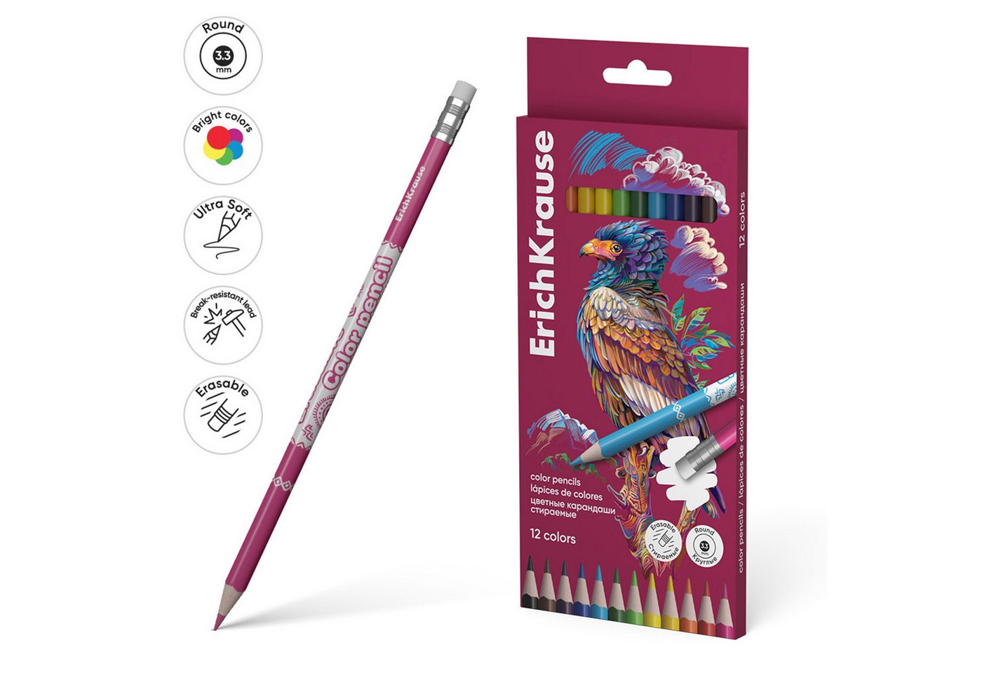 Erich Krause Bleistift, Buntstifte 12 Farben 3,3mm Holz mit Radiergummi 12er Set Bild 2