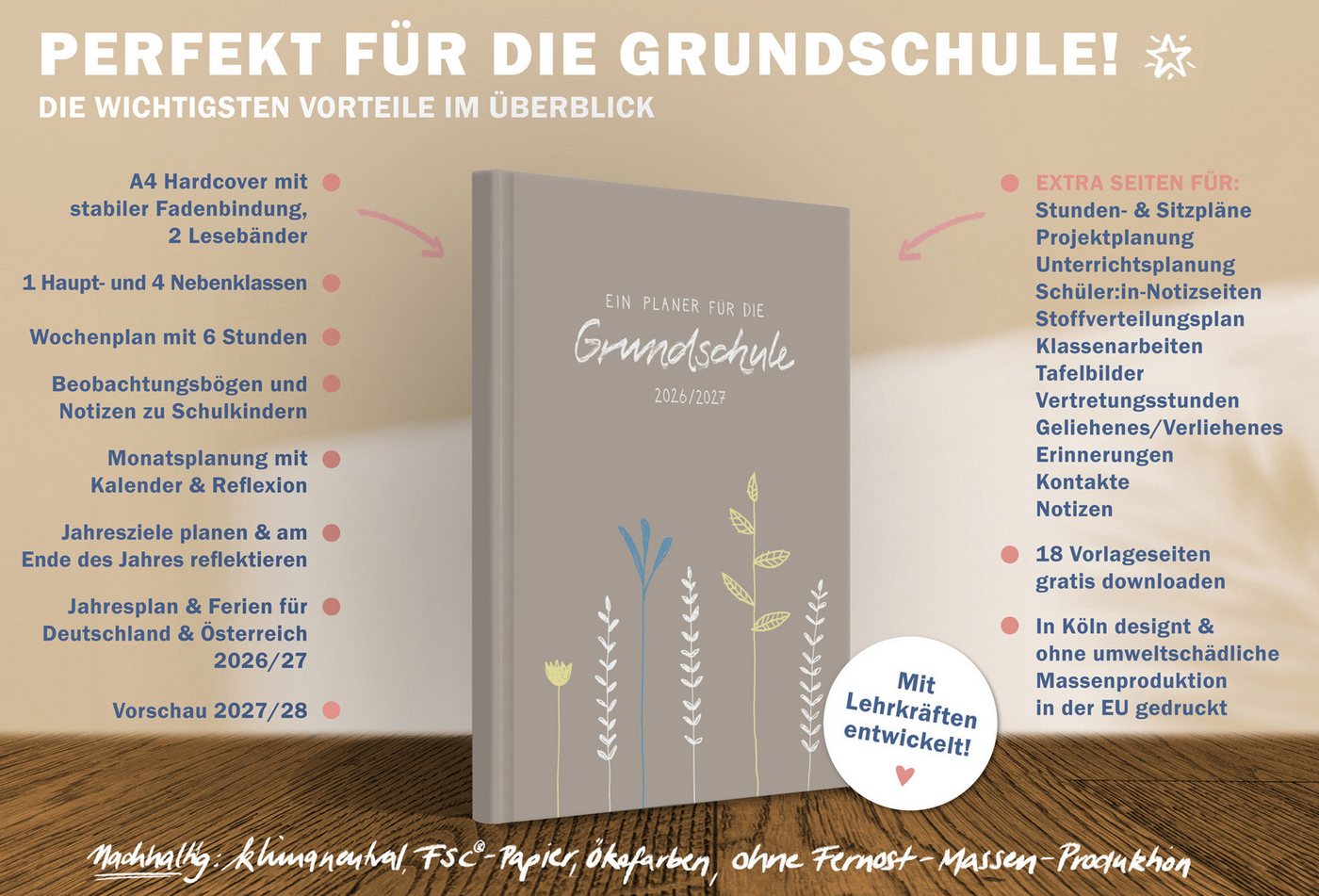 Eine der Guten Verlag Lehrerkalender Grundschulplaner 2026 2027 - A4, greige, 1 Doppelseite / Woche, Schuljahr 26/27, 216 S. Hardcover, klimaneutral Bild 2