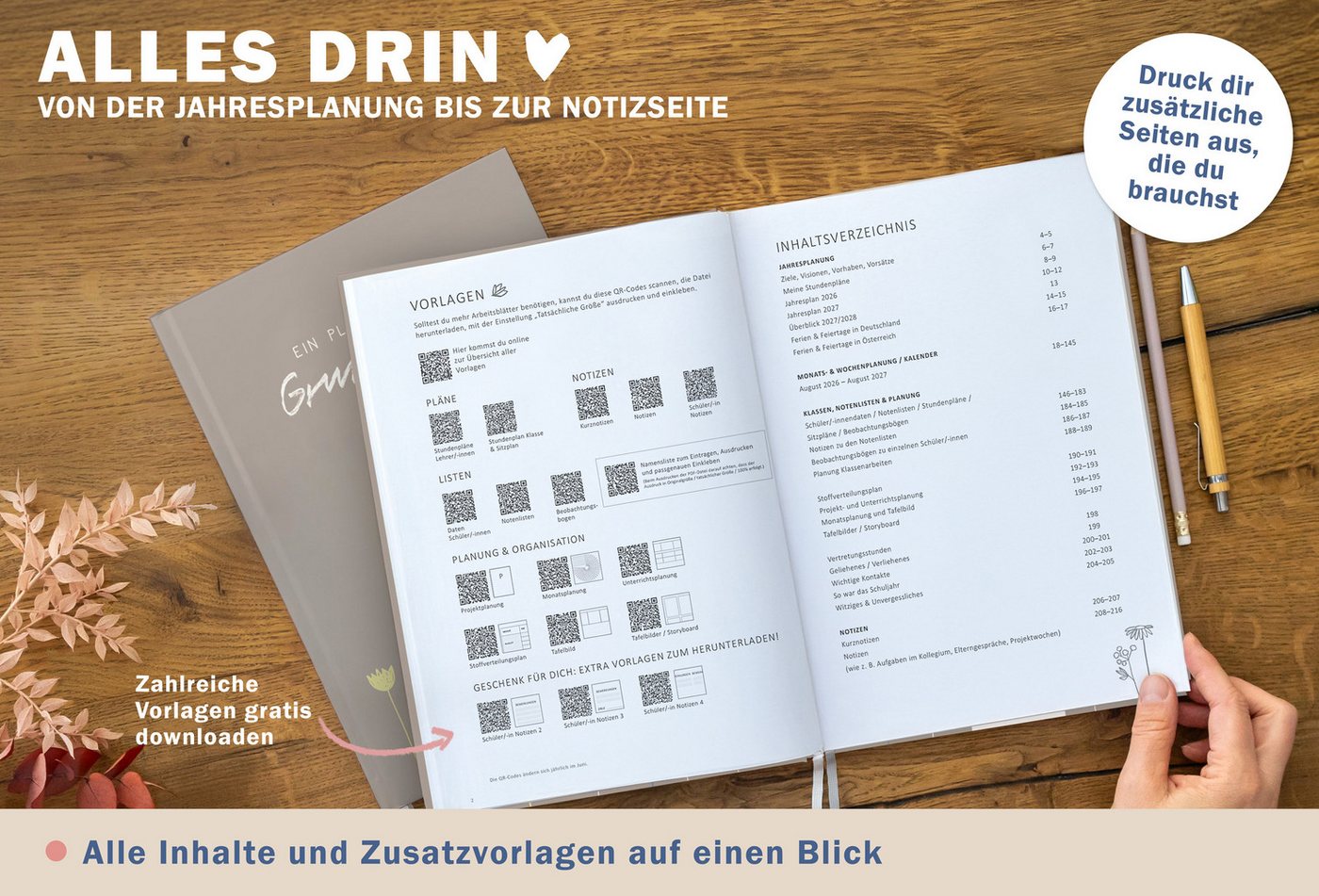Eine der Guten Verlag Lehrerkalender Grundschulplaner 2026 2027 - A4, greige, 1 Doppelseite / Woche, Schuljahr 26/27, 216 S. Hardcover, klimaneutral Bild 3