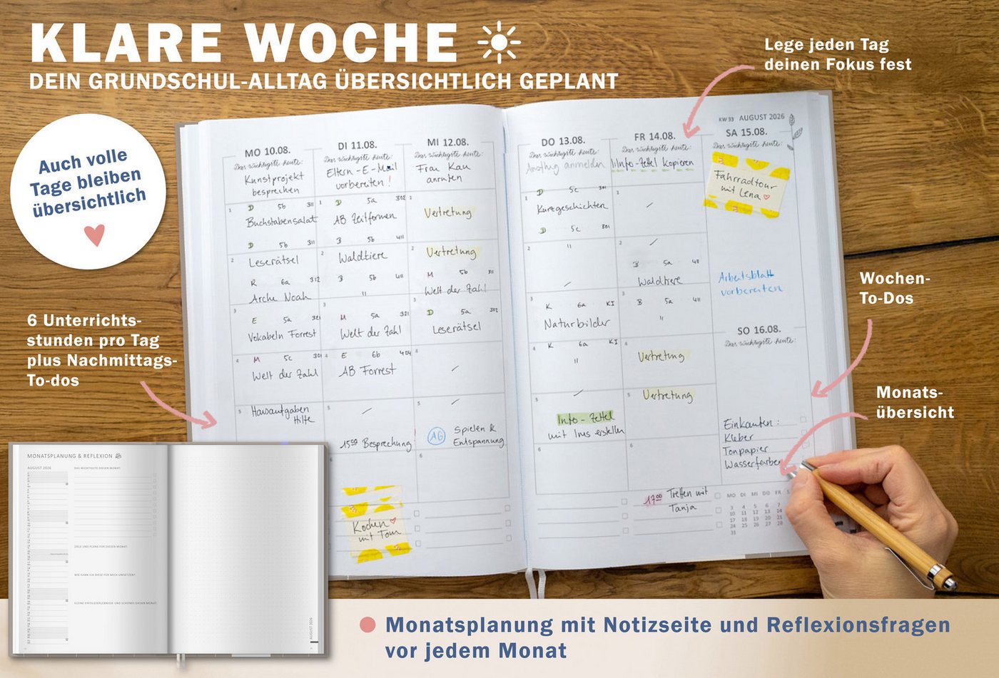 Eine der Guten Verlag Lehrerkalender Grundschulplaner 2026 2027 - A4, greige, 1 Doppelseite / Woche, Schuljahr 26/27, 216 S. Hardcover, klimaneutral Bild 4