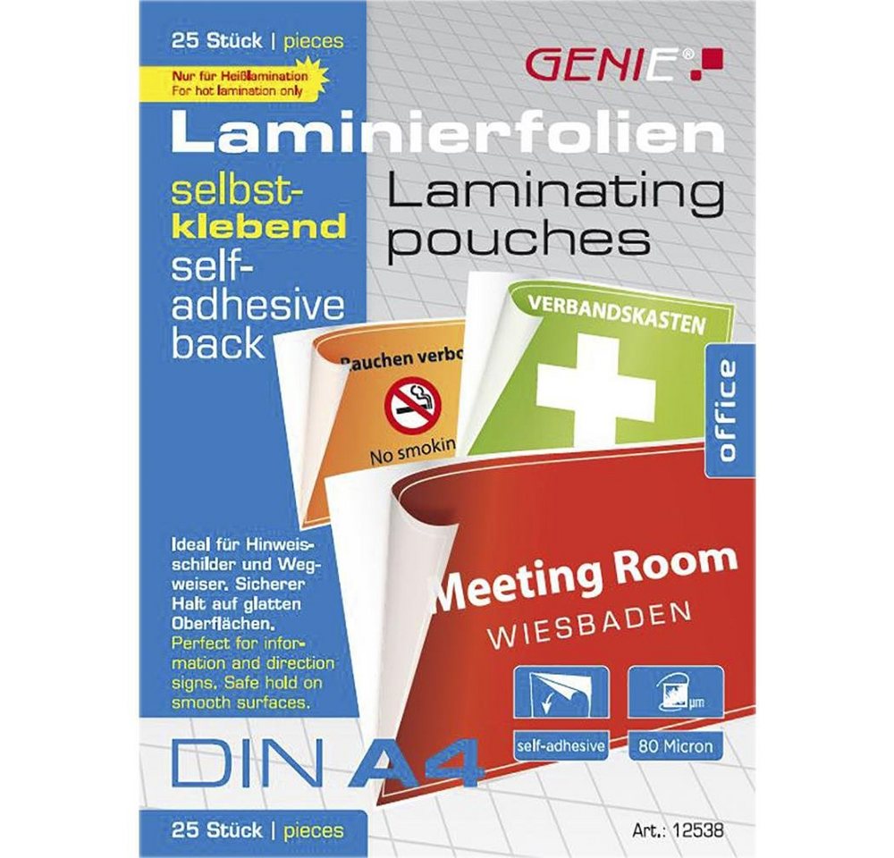 GENIE Prospekthülle Laminierfolie DIN A4 25er Pack - 12538, 25 Stück A4 Laminierfolien, 80 Mikron, selbstklebend, Heiß Folien, Laminiertaschen, 25er Pack