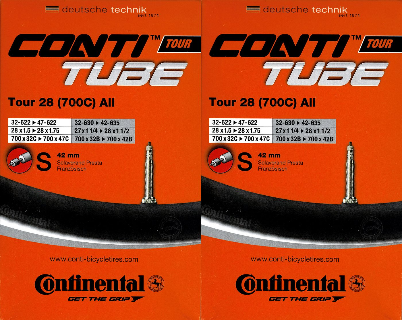 CONTINENTAL Fahrradschlauch 2x Continental Tour 28 All 28 Zoll SV (32/47-622) (32/42-630/635) SV42, 1,50, 1 3/8 x 1 1/2, 1,30, 1 1/2, 1,40, 1 3/8, 1,60, 1 1/4, 1,25, 1,35, (2-St)