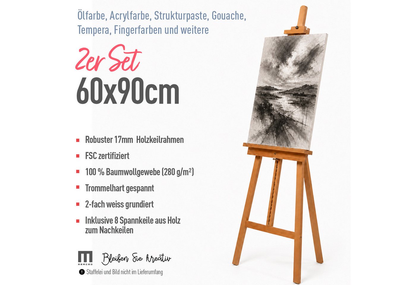 M MERCEO Leinwand, 2er-Set Leinwand 60x90cm (zum Bemalen, Baumwolle, Keilrahmen, 280g/m) Bild 3