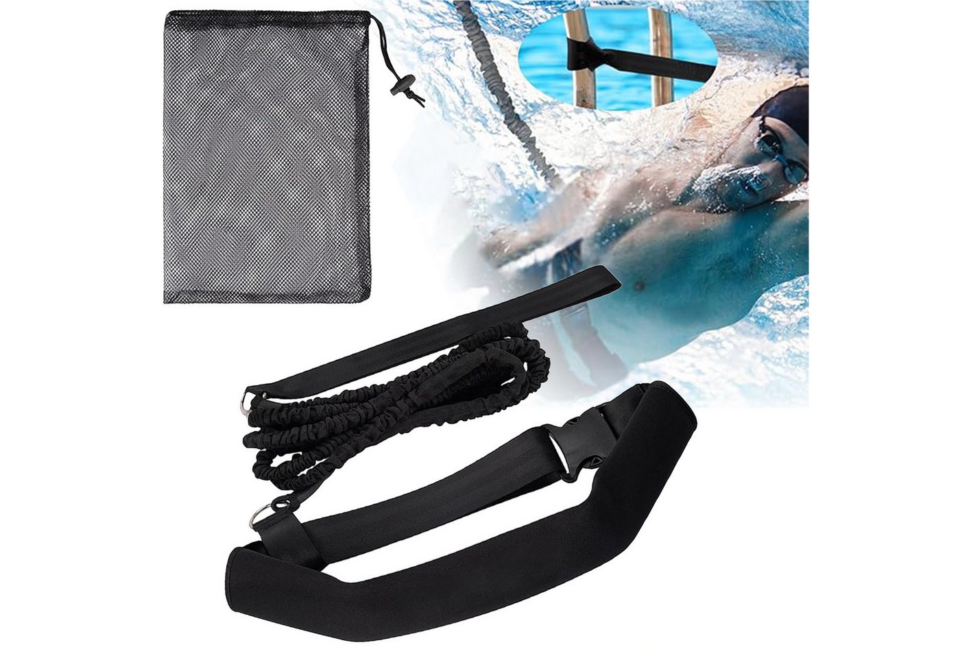 Mutig Schwimmgürtel Schwimmtrainer Schwimmgurt mit 2 x 1.5 Meter elastischen Gummibändern (für Pool wie Gegenstromanlage zum Einhängen - Bauchgurt, mit Schwimmband Widerstandstraining Gürtel Leine für Erwachsene) Bild 2