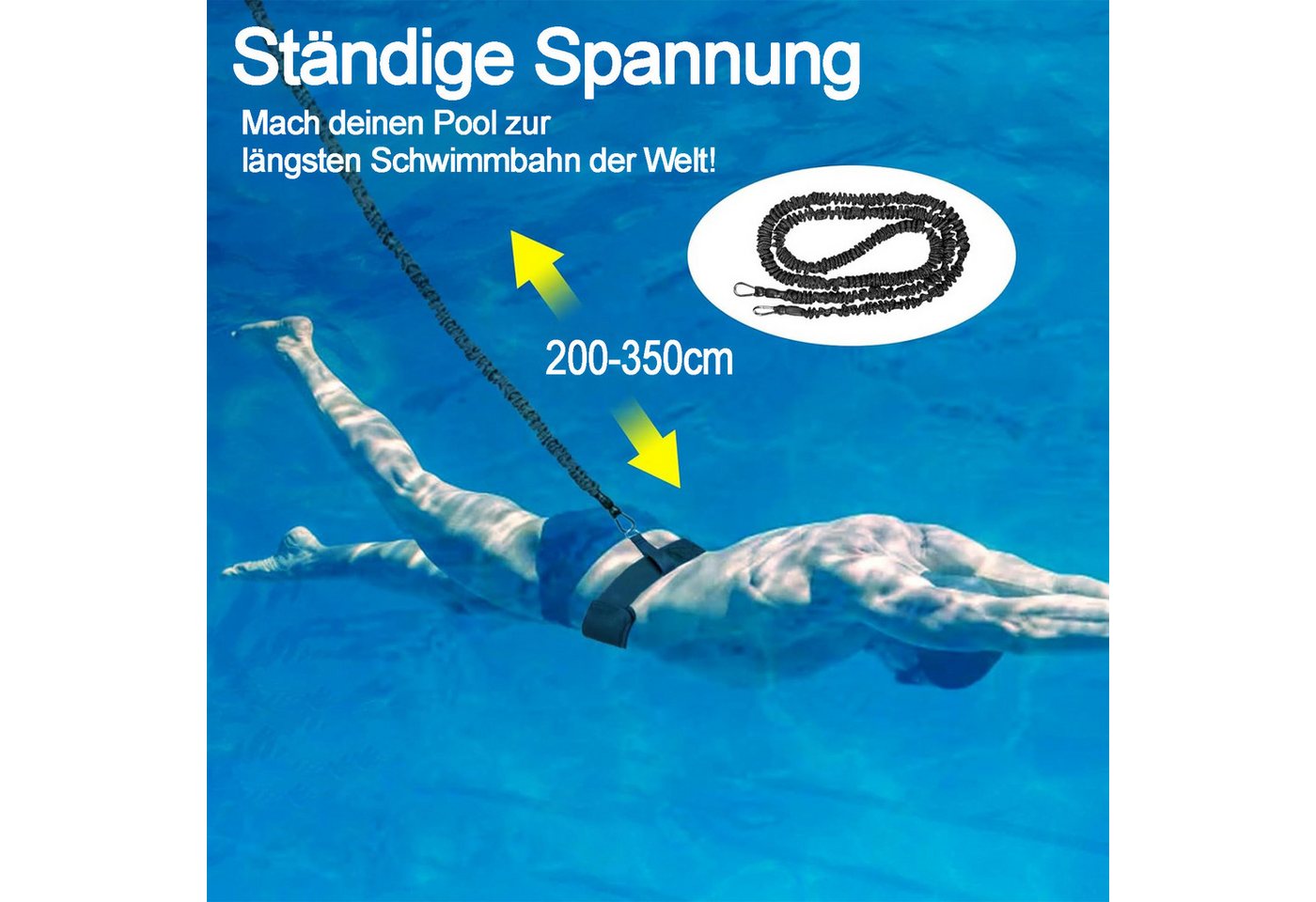 Mutig Schwimmgürtel Schwimmtrainer Schwimmgurt mit 2 x 1.5 Meter elastischen Gummibändern (für Pool wie Gegenstromanlage zum Einhängen - Bauchgurt, mit Schwimmband Widerstandstraining Gürtel Leine für Erwachsene) Bild 3