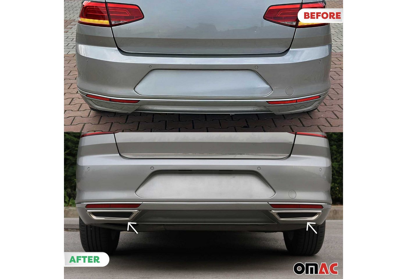 OMAC Zierleisten-Aufkleber Stoßstangen Auspuffrahmen für VW Passat B8 2014-2019 Edelstahl Chrom, (2tlg), Langlebig,Einfache Reinigung,Einfache Installation,Rostbeständig Bild 4