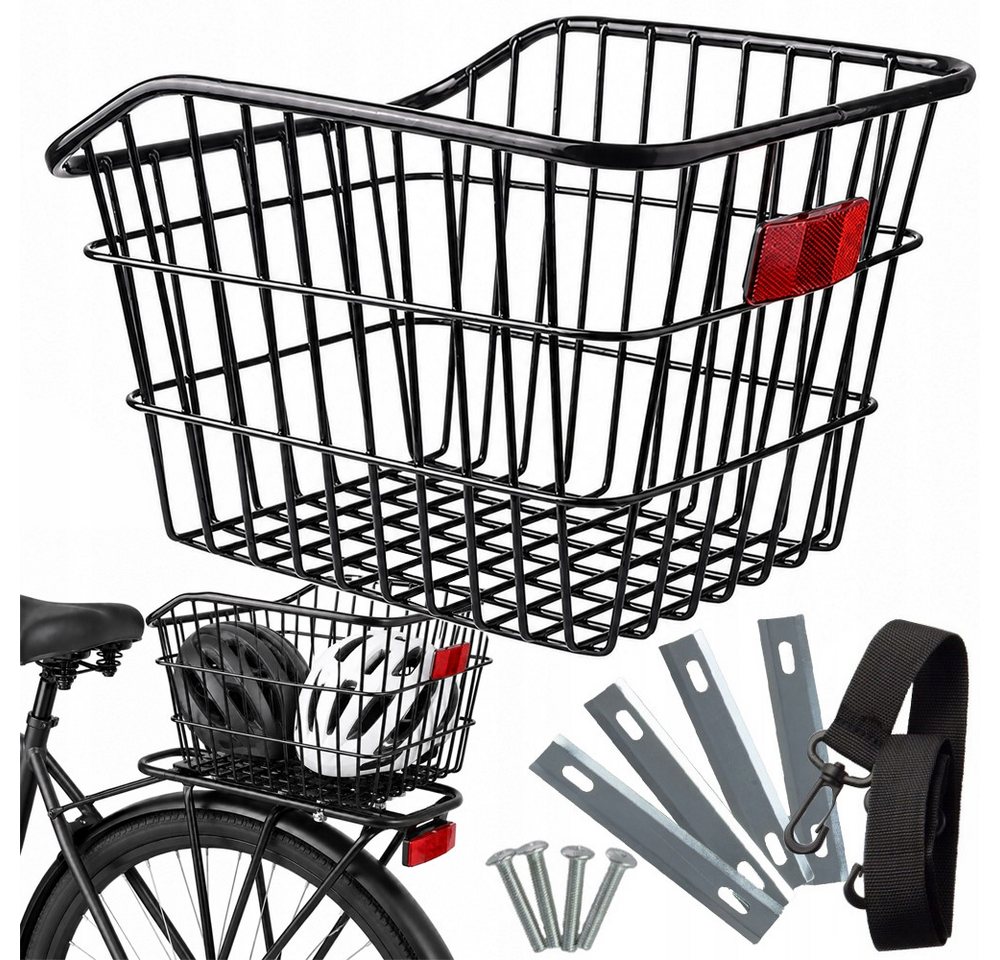 VERK GROUP Fahrradkorb Fahrradkorb hinten Gepäckträger Metallkorb Schwarz 38×31×25 cm (1-tlg), Integrierter Reflektor, Befestigungsgurt inklusive Bild 2